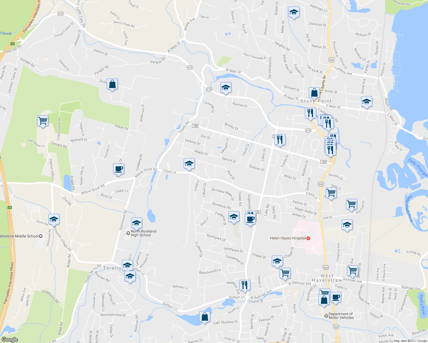 map of restaurants, bars, coffee shops, grocery stores, and more near 6 Burres Court in Stony Point