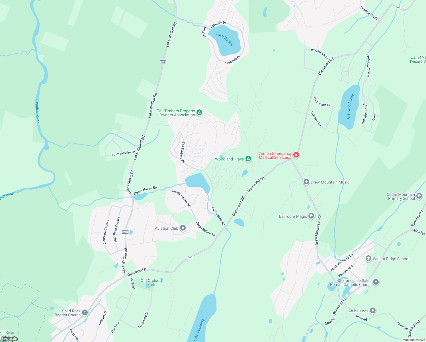 map of restaurants, bars, coffee shops, grocery stores, and more near Tall Timbers Road in Sussex