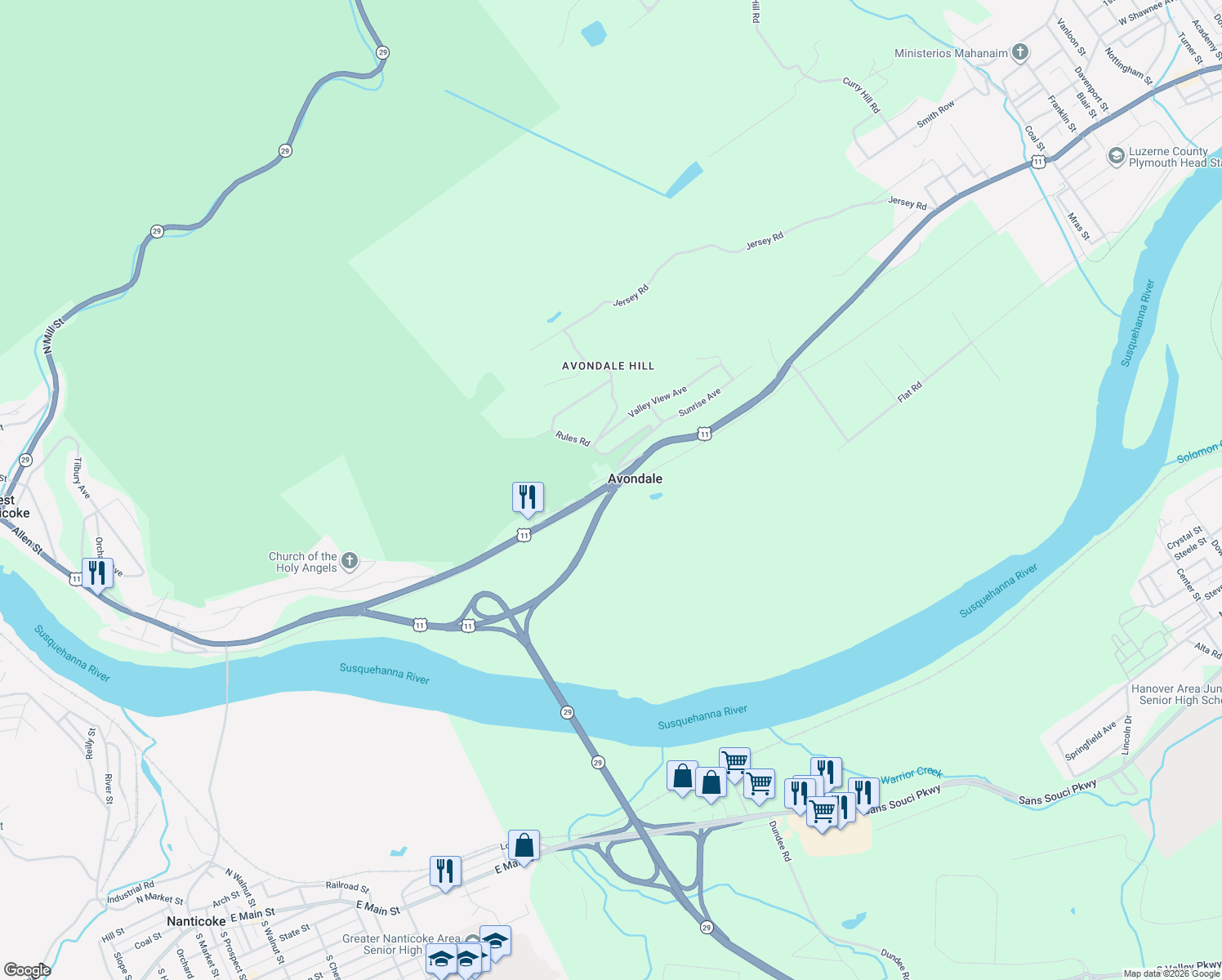 map of restaurants, bars, coffee shops, grocery stores, and more near 1240 West Main Street in Nanticoke