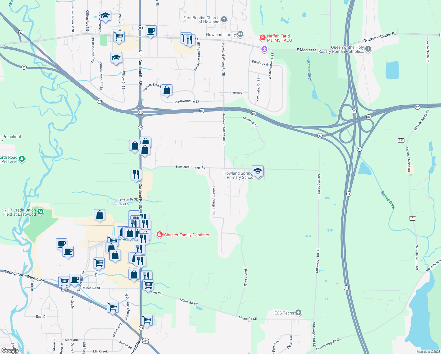 map of restaurants, bars, coffee shops, grocery stores, and more near 1006 Fern Court in Warren