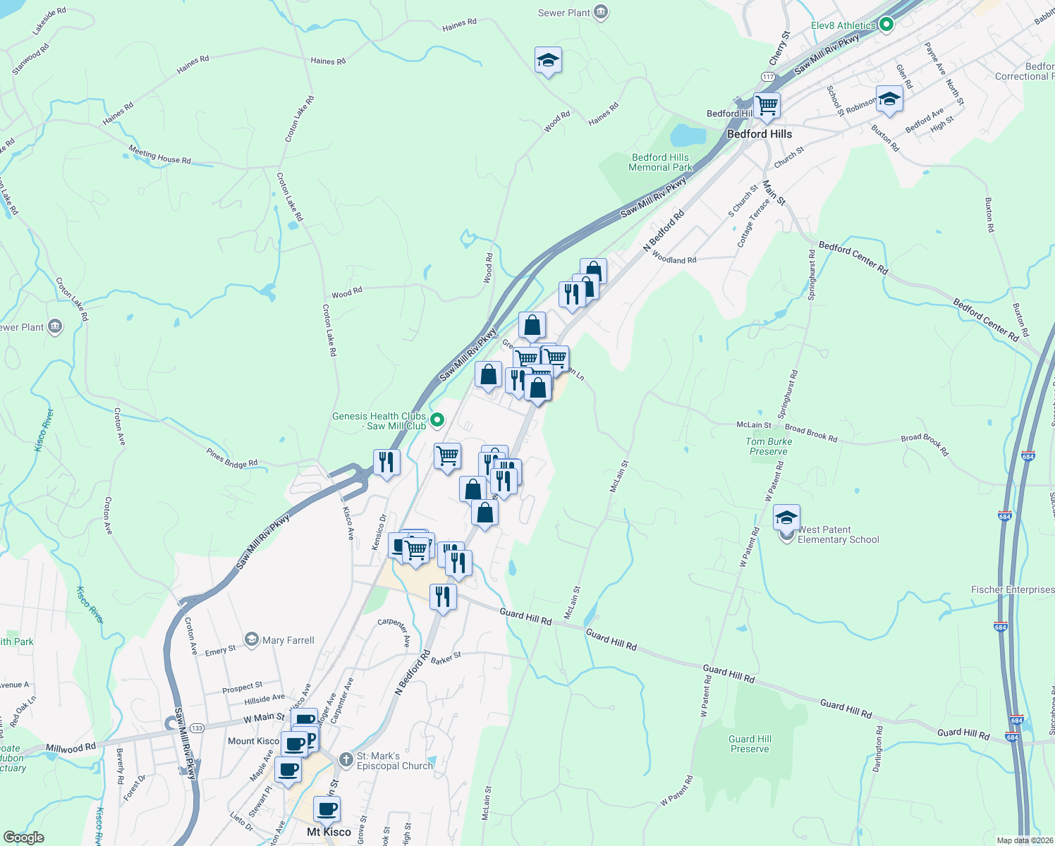 map of restaurants, bars, coffee shops, grocery stores, and more near 465 North Bedford Road in Bedford Hills