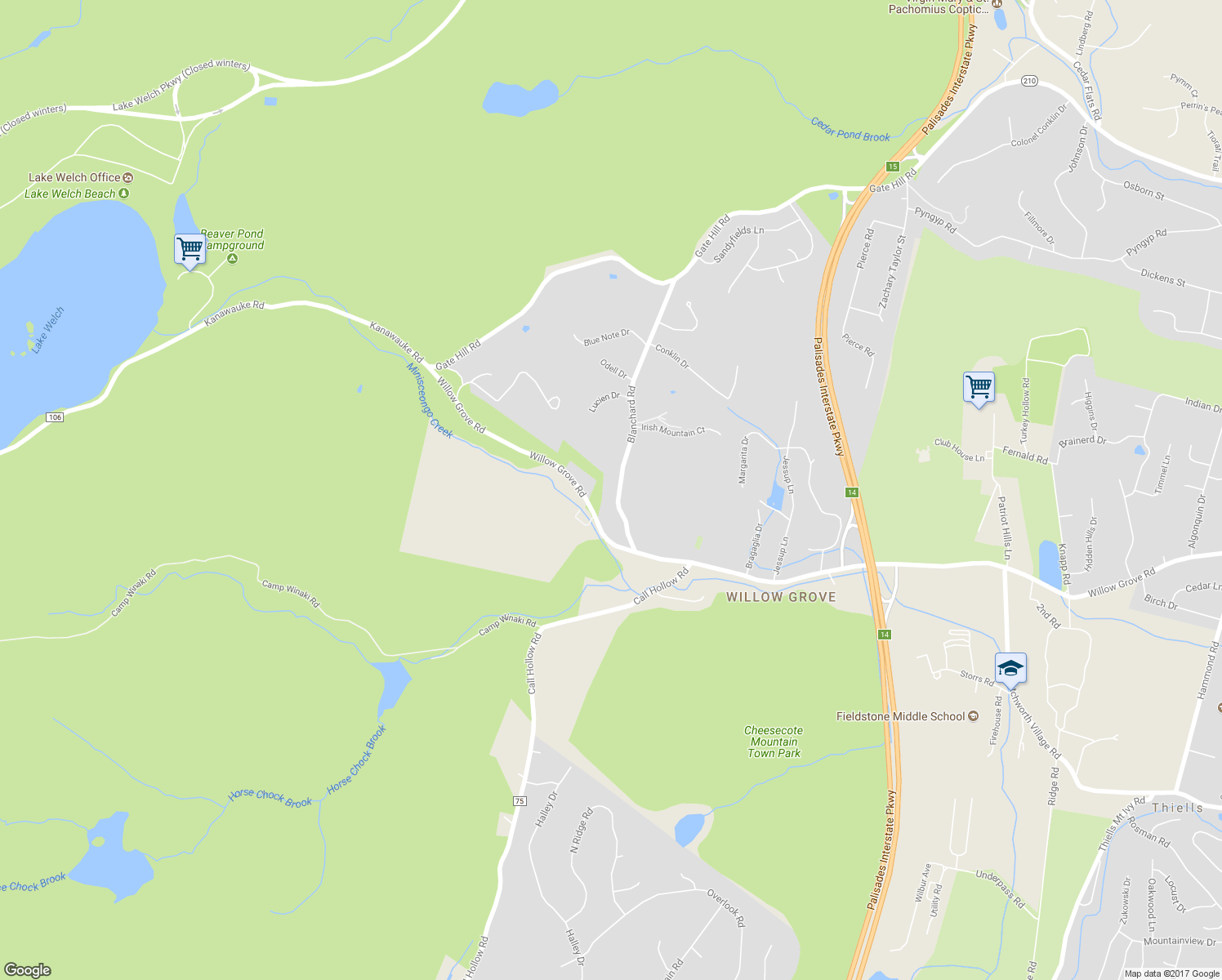 map of restaurants, bars, coffee shops, grocery stores, and more near 19 Blanchard Road in Stony Point