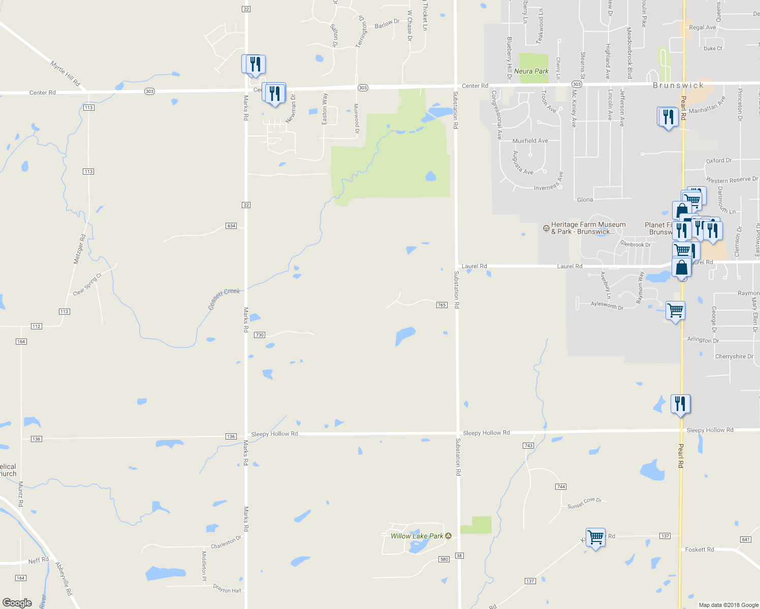 map of restaurants, bars, coffee shops, grocery stores, and more near 1872 Limerick Lane in Brunswick