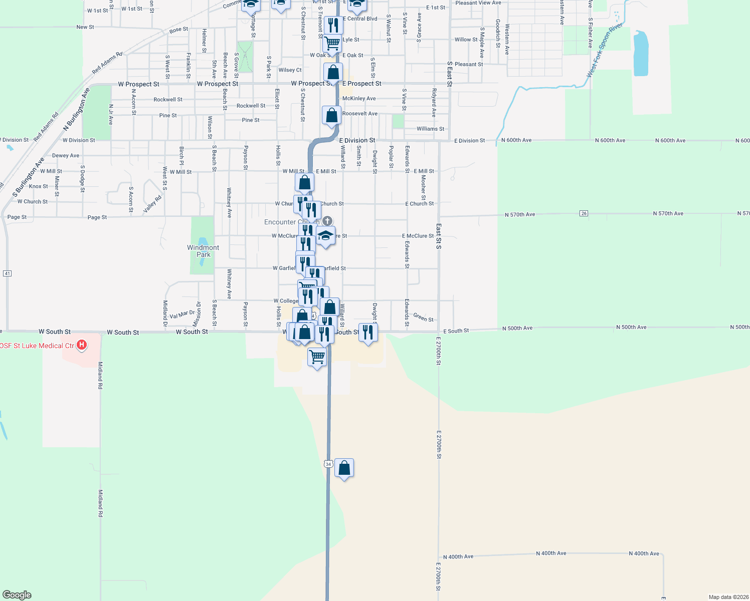 map of restaurants, bars, coffee shops, grocery stores, and more near 599 Dwight St in Kewanee