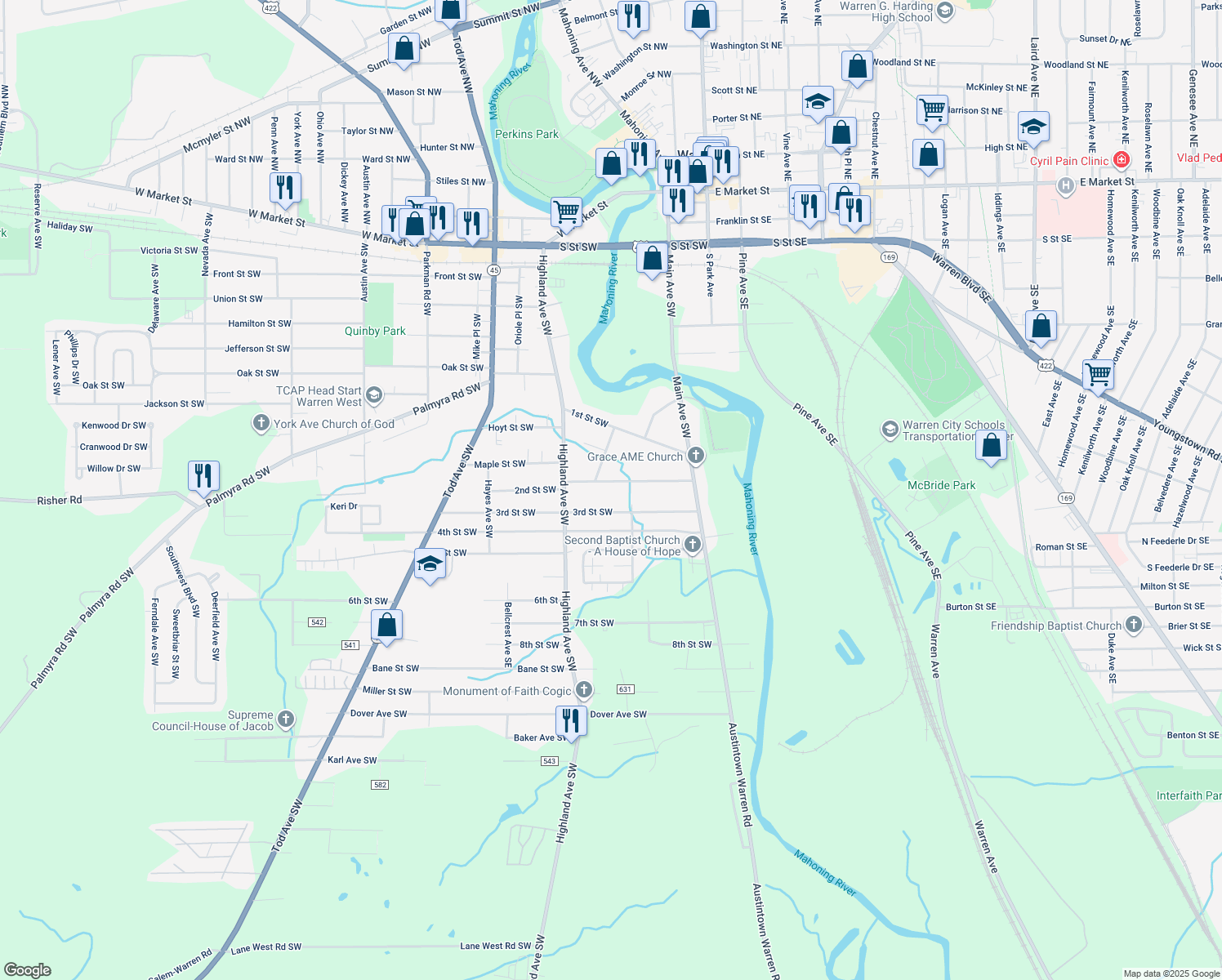 map of restaurants, bars, coffee shops, grocery stores, and more near 429 2nd Street Southwest in Warren