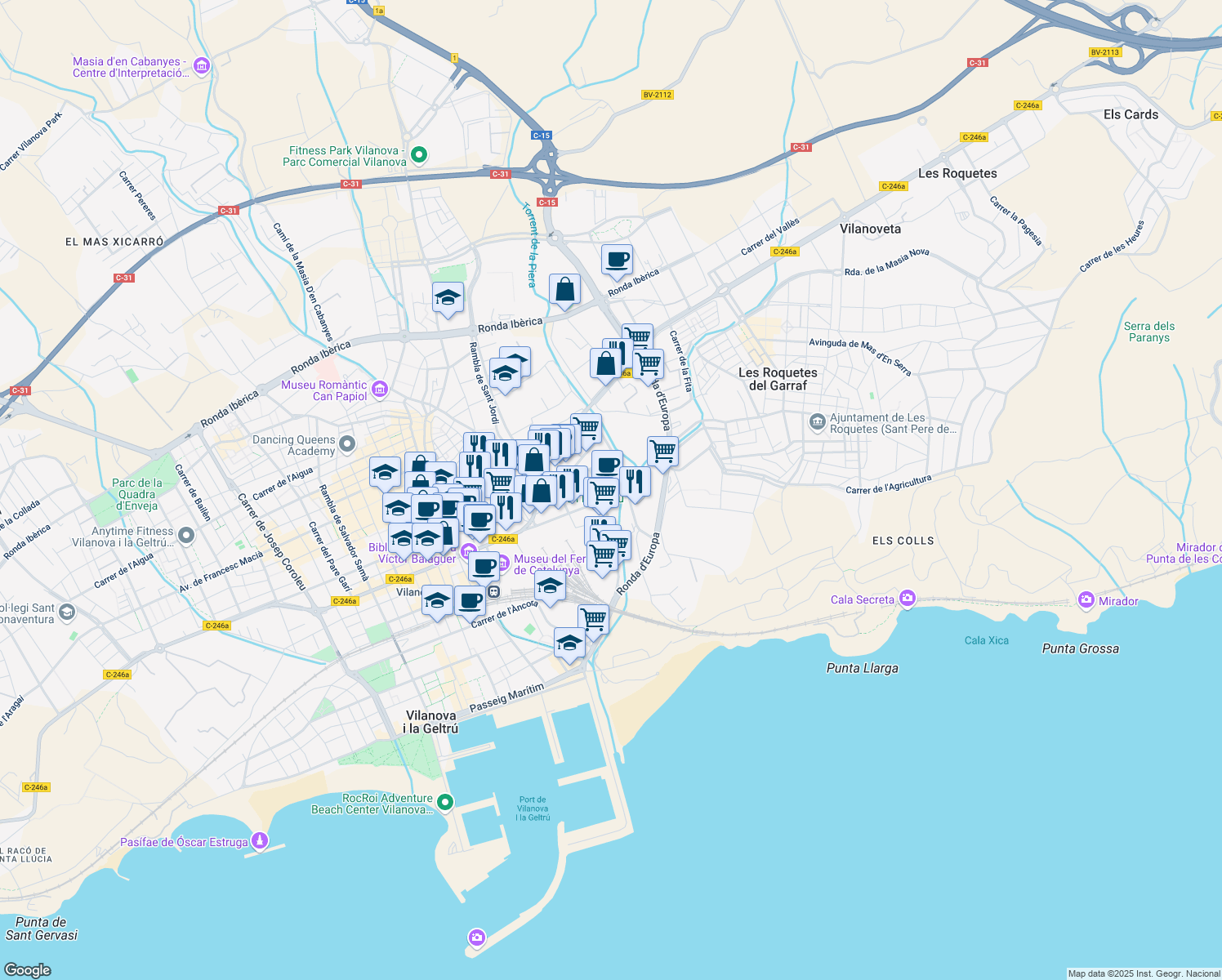 map of restaurants, bars, coffee shops, grocery stores, and more near 2 Carrer de Francesc Puig i Figueres in Vilanova i la Geltrú