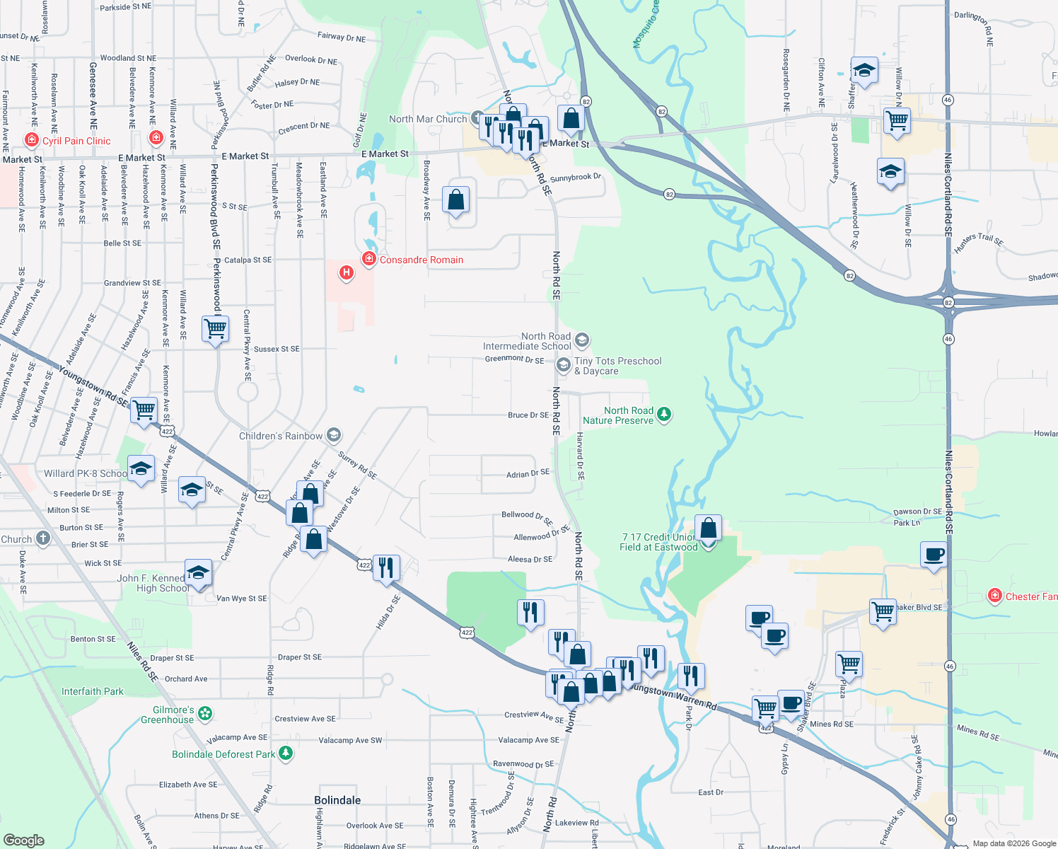 map of restaurants, bars, coffee shops, grocery stores, and more near 4056 Bruce Drive Southeast in Warren