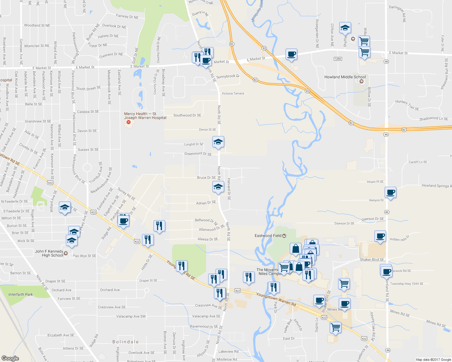 map of restaurants, bars, coffee shops, grocery stores, and more near 1060 Harvard Dr SE in Warren