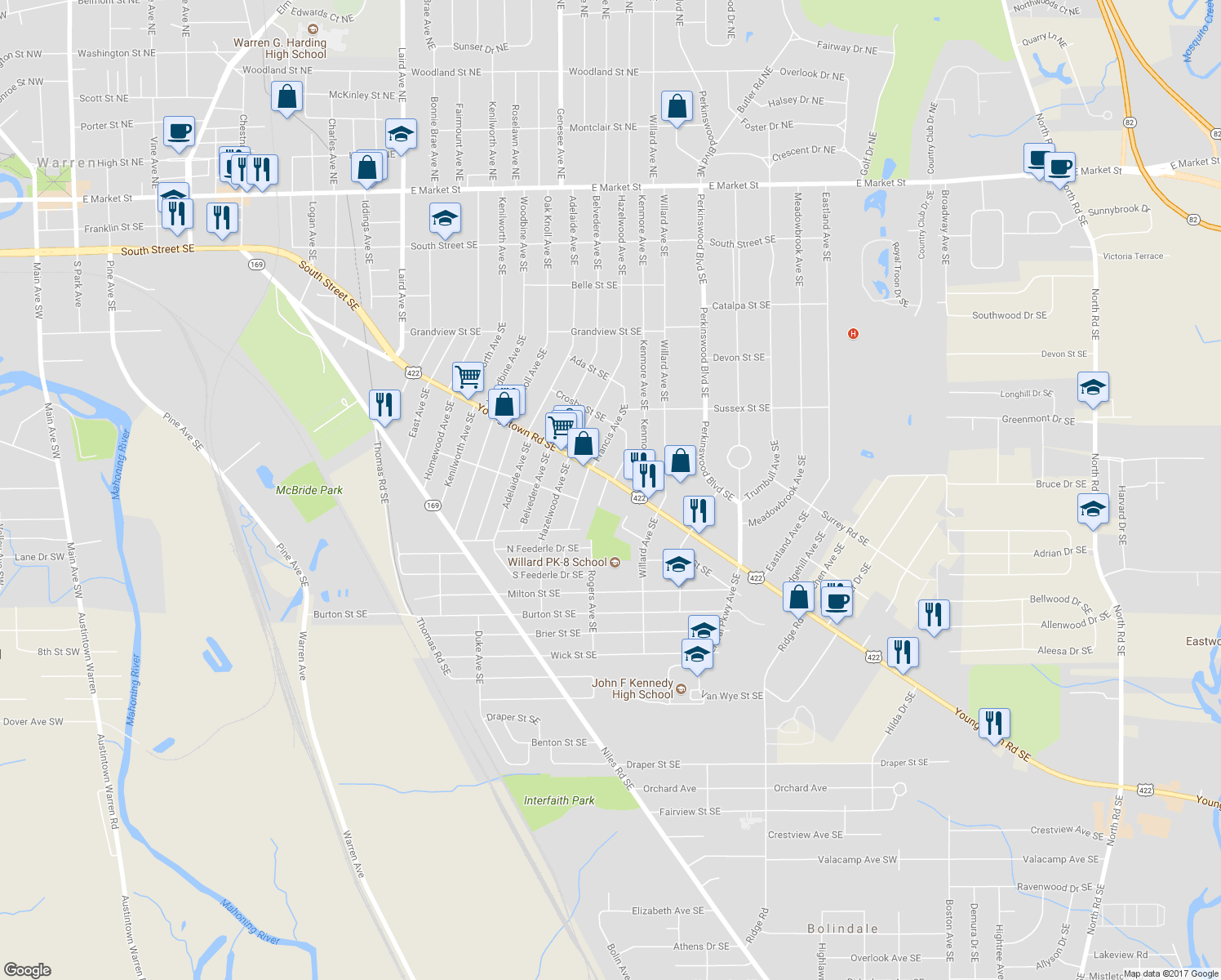 map of restaurants, bars, coffee shops, grocery stores, and more near 2374 Youngstown Road Southeast in Warren