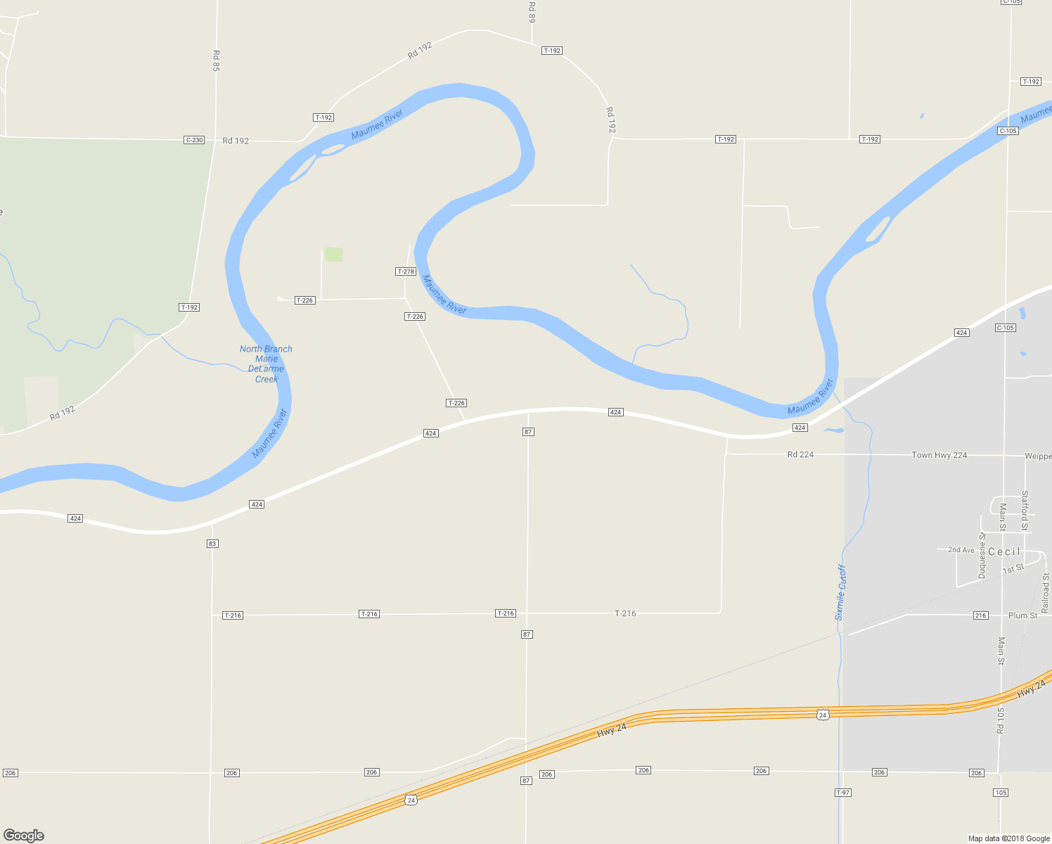 map of restaurants, bars, coffee shops, grocery stores, and more near 17095 Road 87 in Cecil