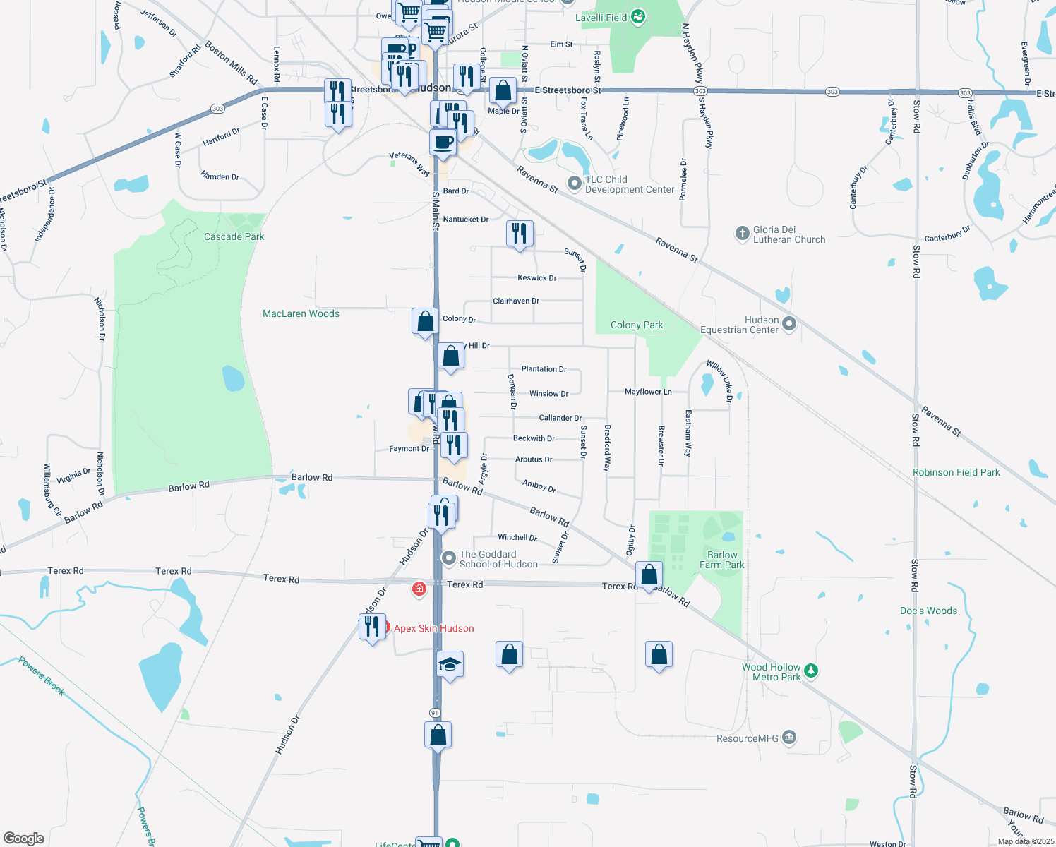map of restaurants, bars, coffee shops, grocery stores, and more near 1594 Callander Drive in Hudson