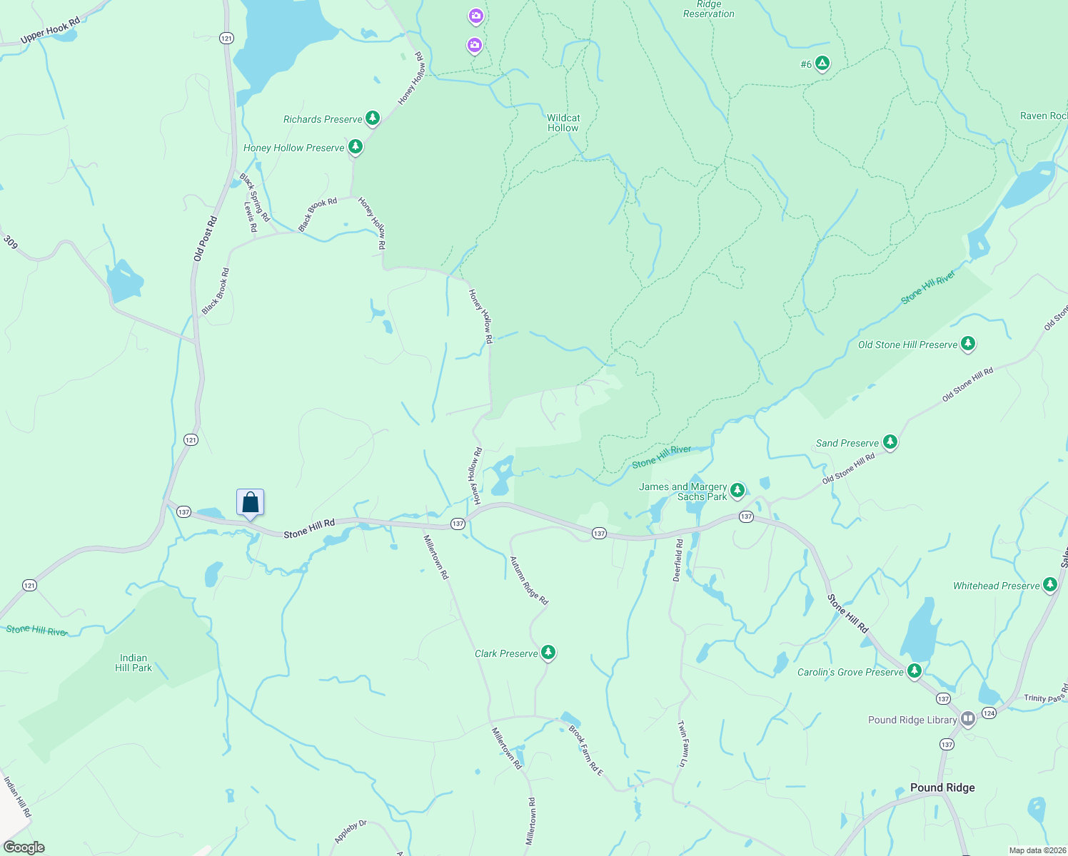 map of restaurants, bars, coffee shops, grocery stores, and more near 17 Spring House Road in Pound Ridge