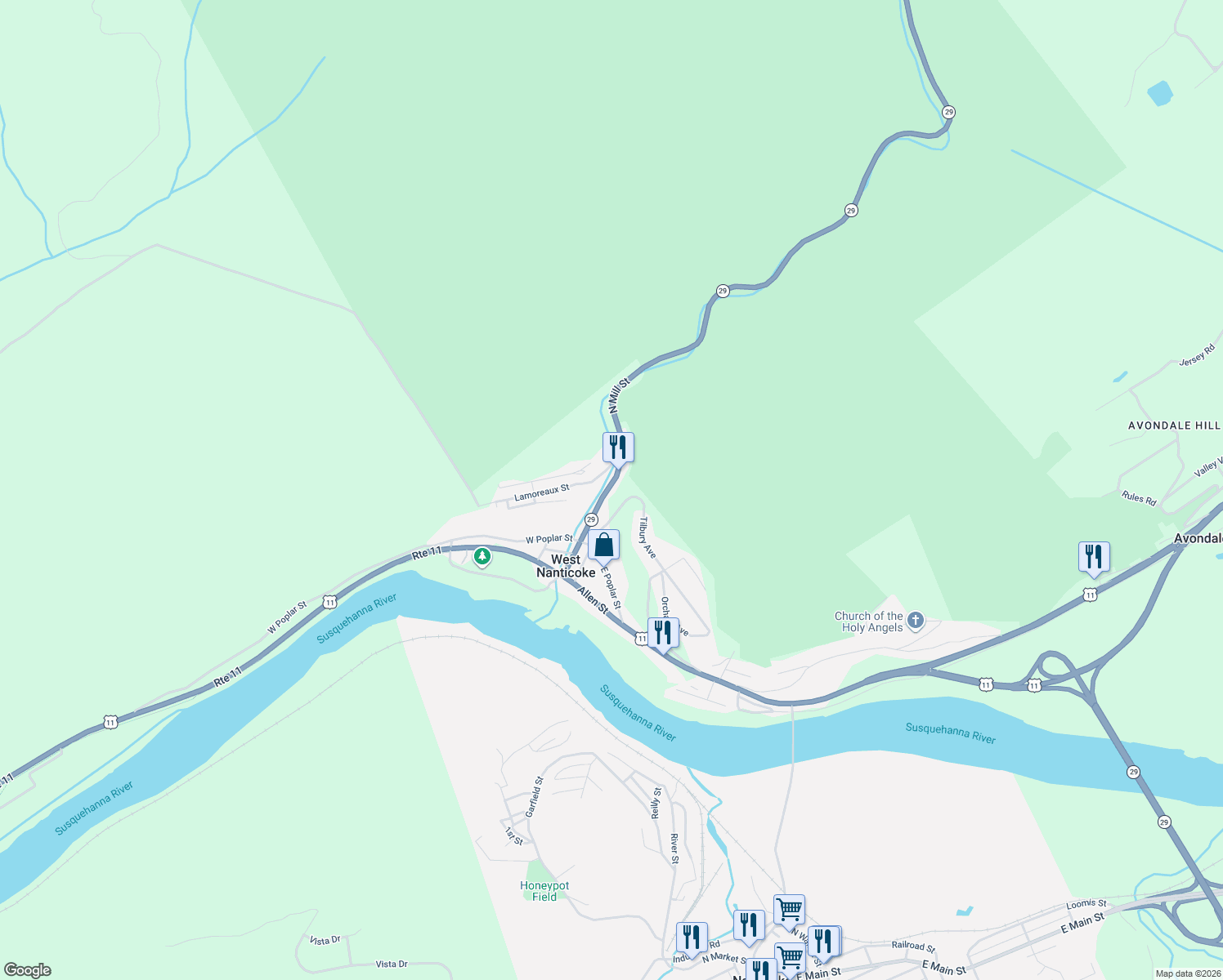 map of restaurants, bars, coffee shops, grocery stores, and more near 49 North Mill Street in Nanticoke