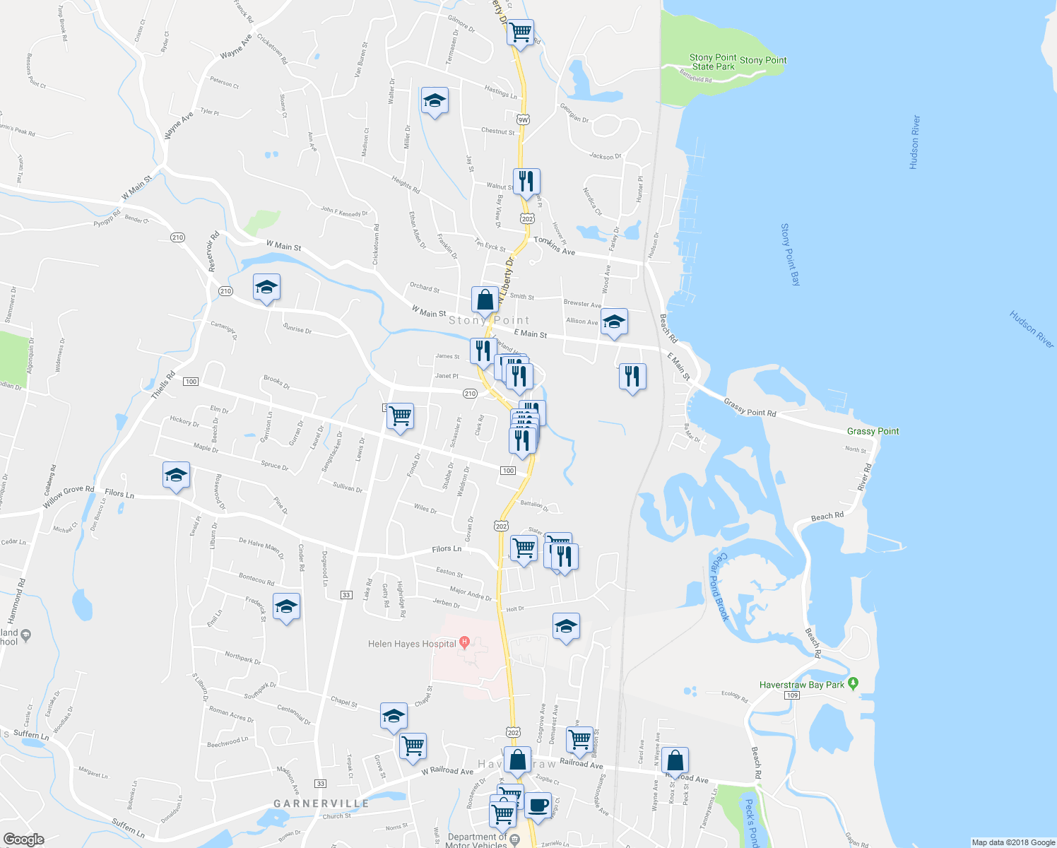 map of restaurants, bars, coffee shops, grocery stores, and more near 54 South Liberty Drive in Stony Point