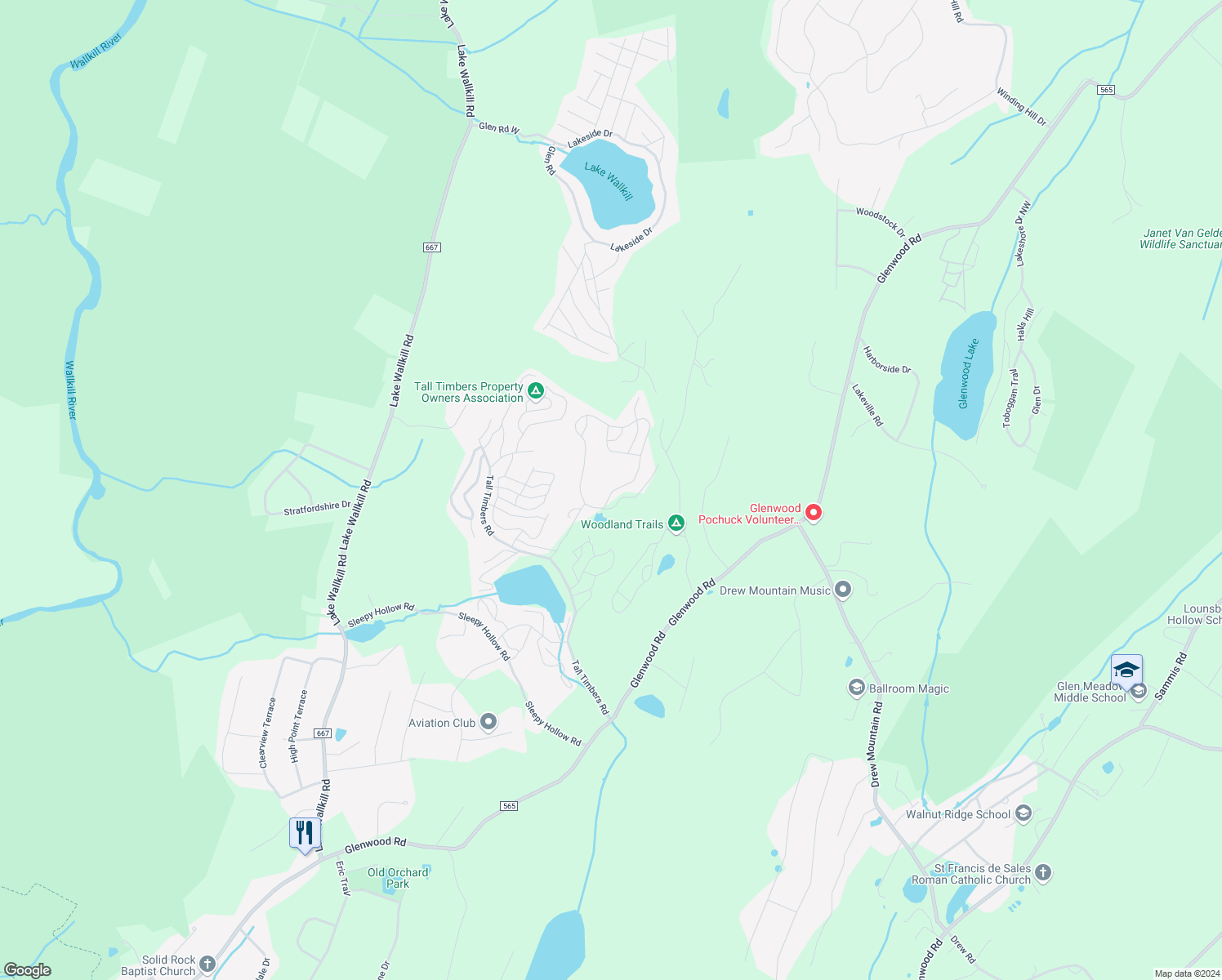 map of restaurants, bars, coffee shops, grocery stores, and more near 44 Sycamore Circle in Sussex