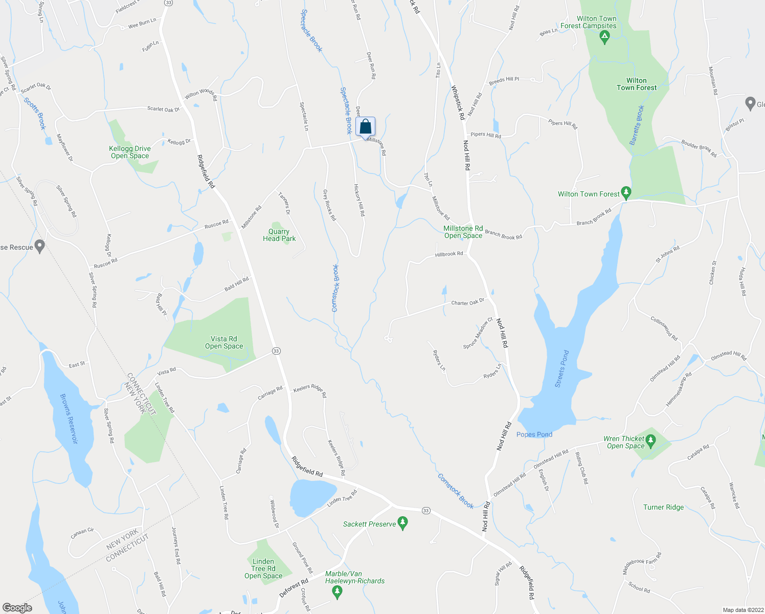 map of restaurants, bars, coffee shops, grocery stores, and more near 90 Hillbrook Road in Wilton