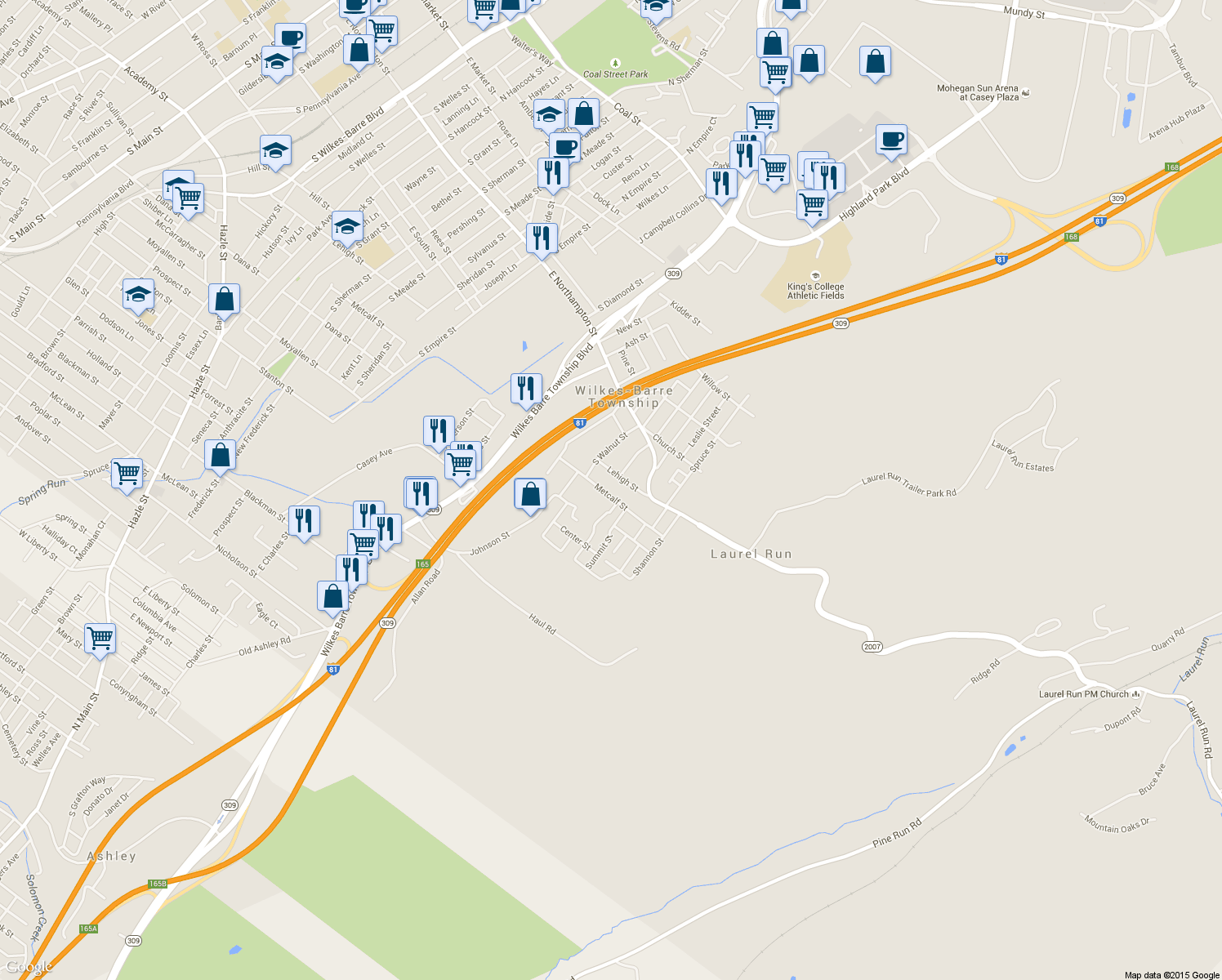 map of restaurants, bars, coffee shops, grocery stores, and more near 758 Metcalf St in Wilkes-Barre Township