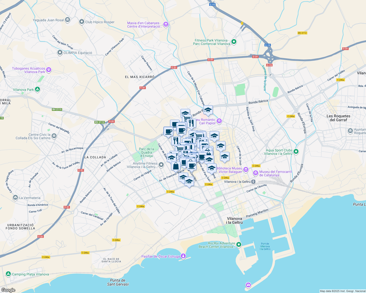 map of restaurants, bars, coffee shops, grocery stores, and more near 74 Carrer de Sant Onofre in Vilanova i la Geltrú