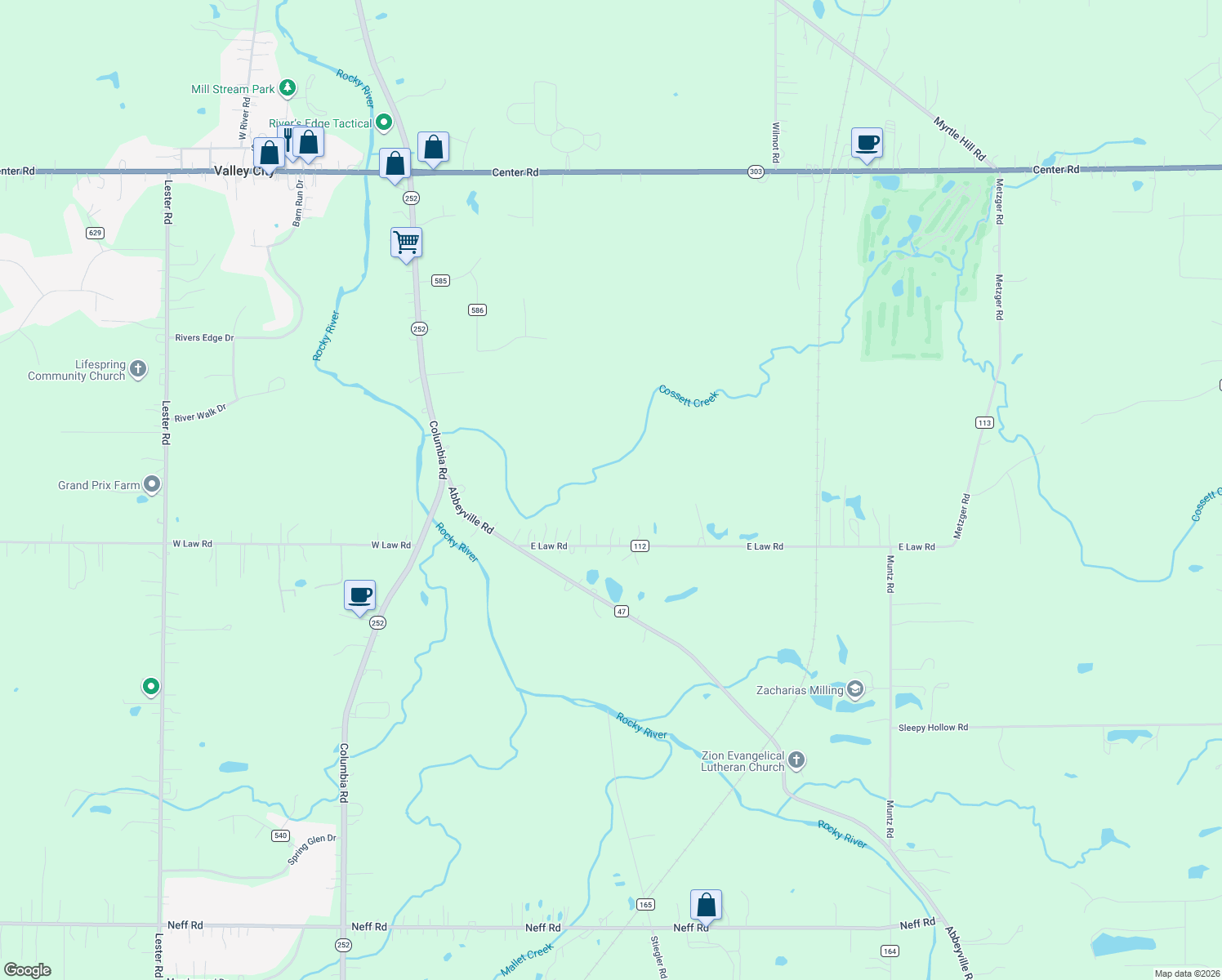 map of restaurants, bars, coffee shops, grocery stores, and more near 6261 East Law Road in Valley City