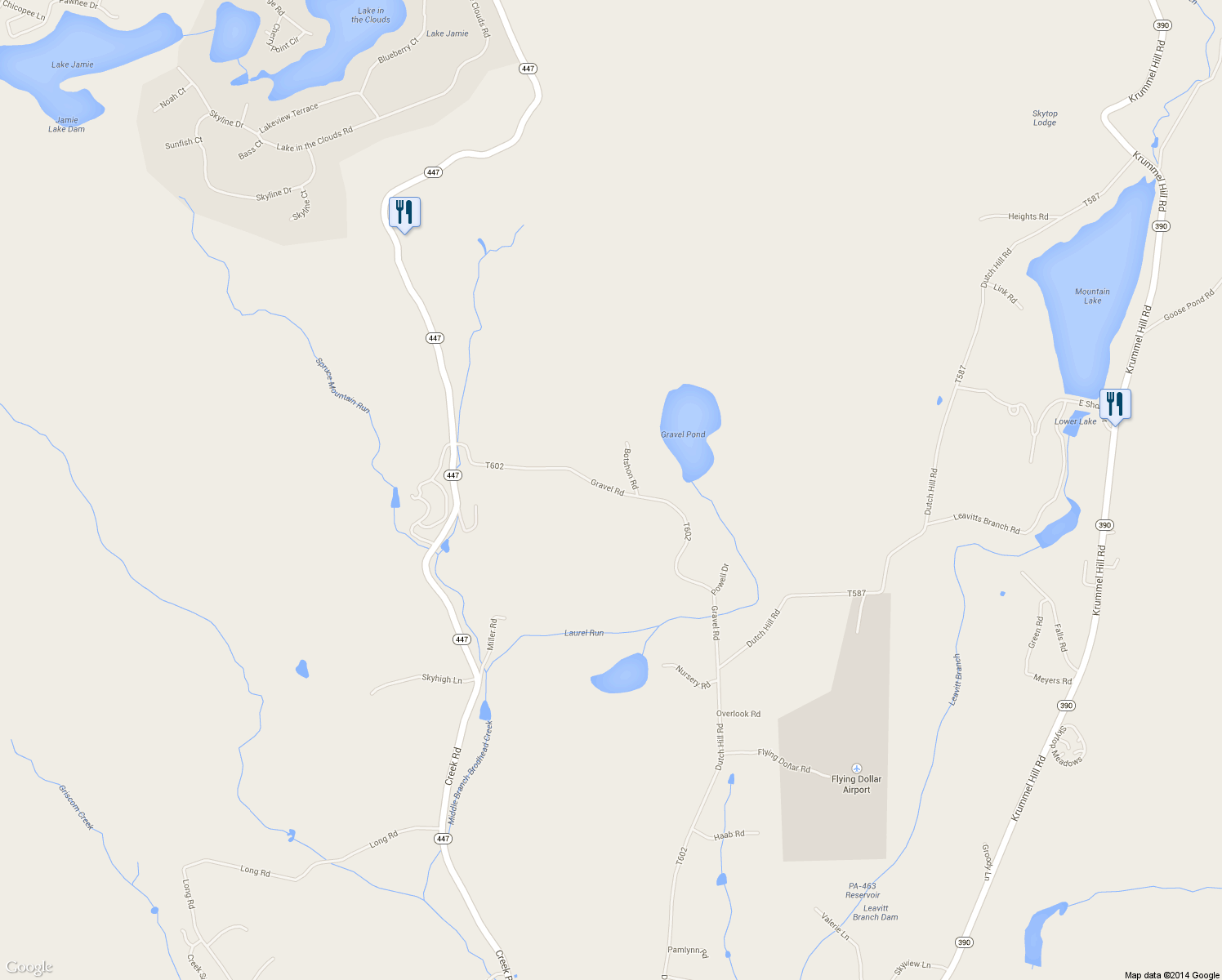 map of restaurants, bars, coffee shops, grocery stores, and more near Gravel Road in Canadensis