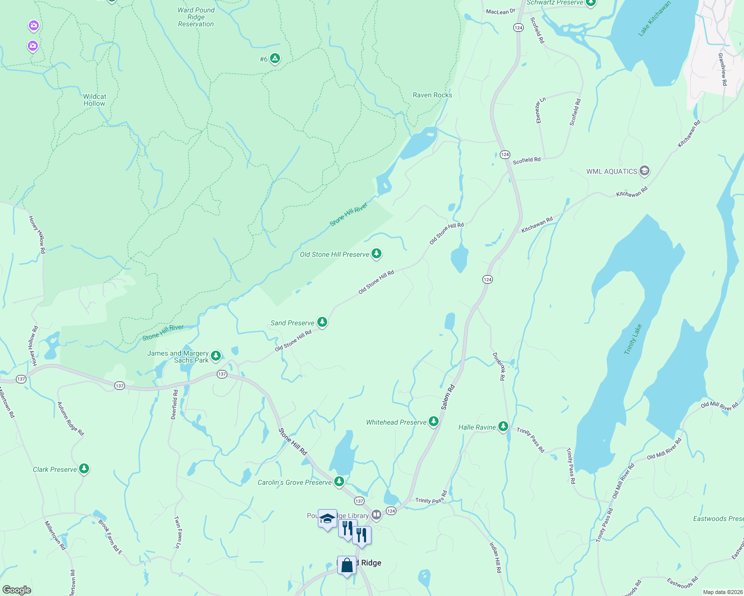 map of restaurants, bars, coffee shops, grocery stores, and more near 77 Old Stone Hill Road in Pound Ridge