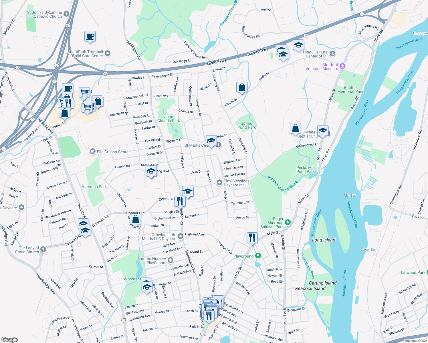 map of restaurants, bars, coffee shops, grocery stores, and more near 696 Chickadee Lane in Stratford