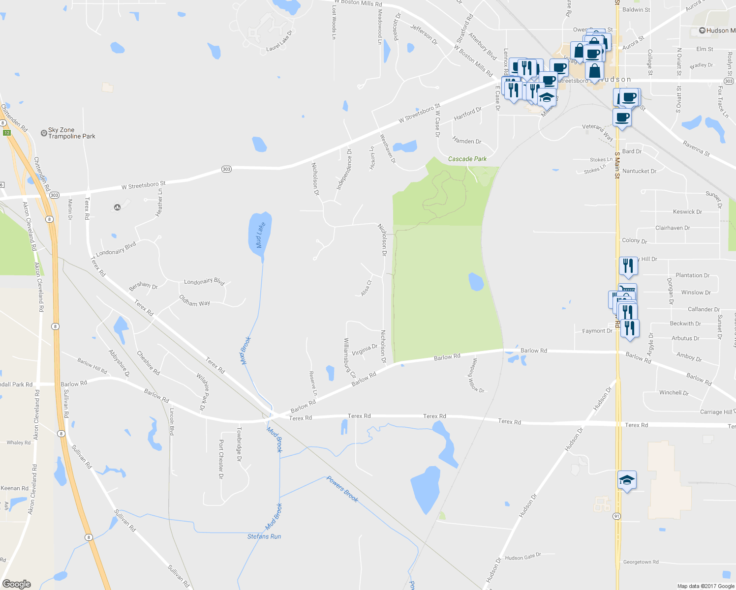 map of restaurants, bars, coffee shops, grocery stores, and more near 5809 Alisa Court in Hudson