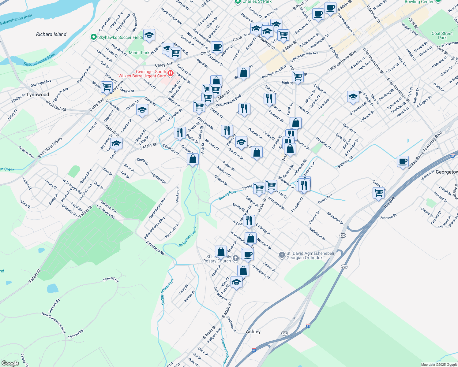 map of restaurants, bars, coffee shops, grocery stores, and more near 88 Gilligan Street in Wilkes-Barre