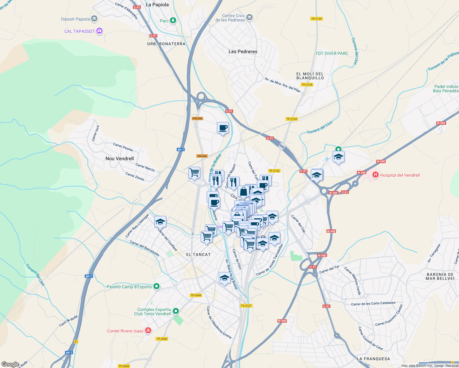 map of restaurants, bars, coffee shops, grocery stores, and more near in El Vendrell