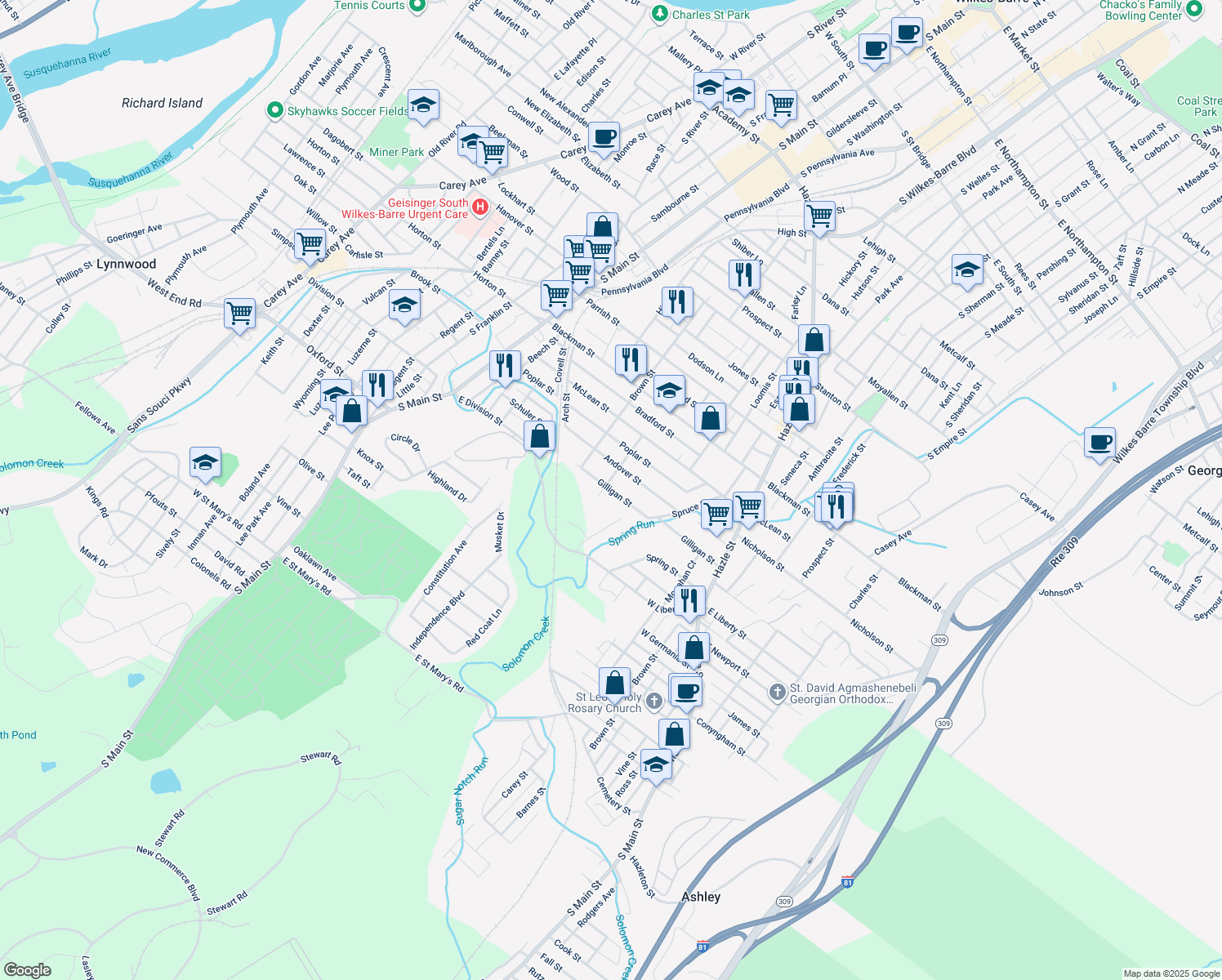 map of restaurants, bars, coffee shops, grocery stores, and more near 76 Gilligan Street in Wilkes-Barre