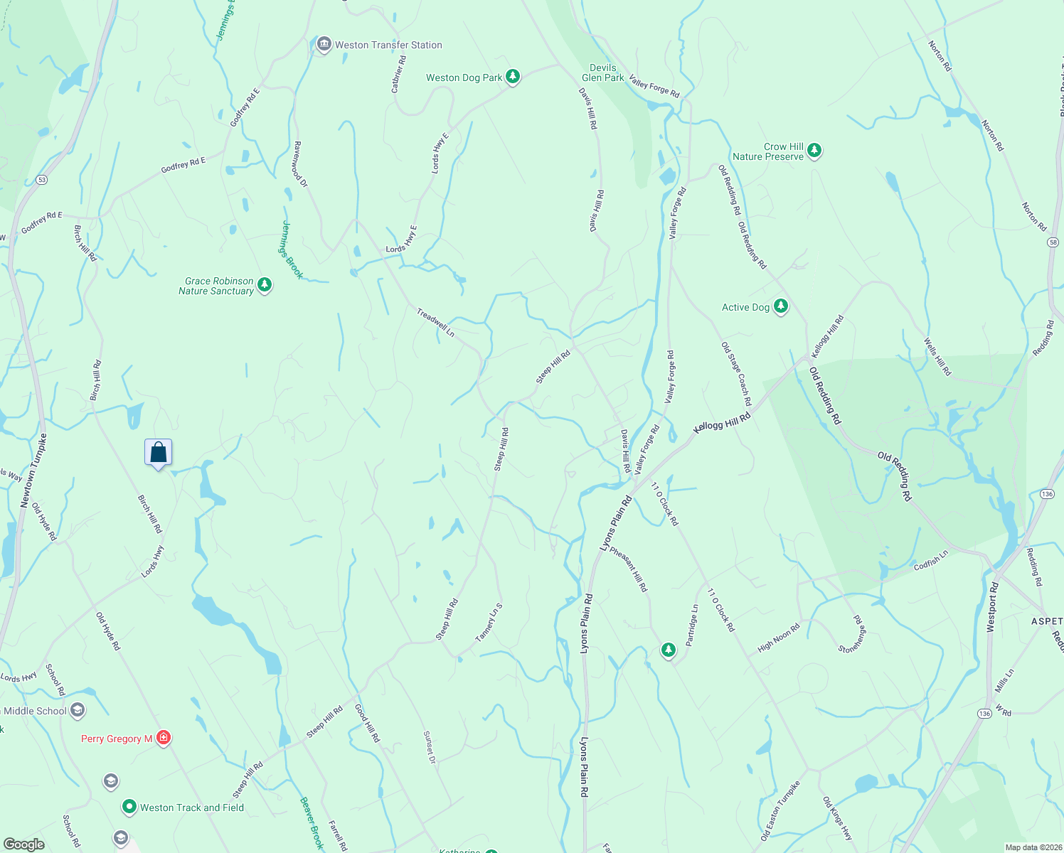 map of restaurants, bars, coffee shops, grocery stores, and more near 177 Steep Hill Road in Weston