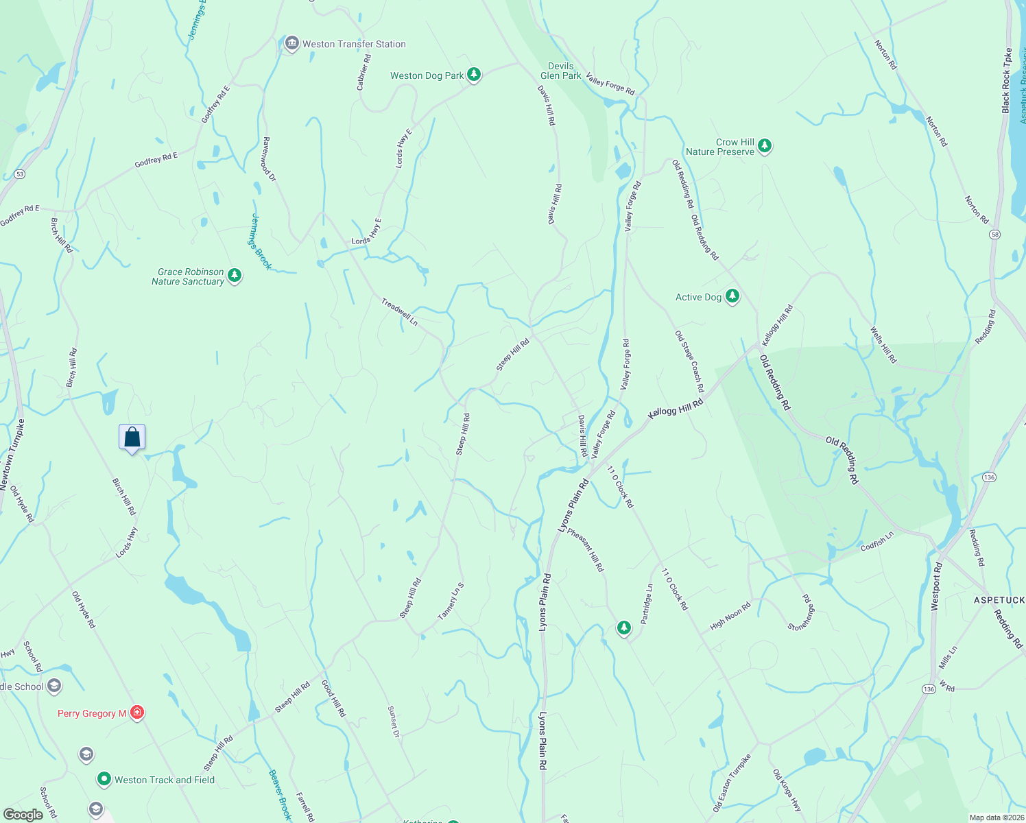 map of restaurants, bars, coffee shops, grocery stores, and more near 177 Steep Hill Road in Weston