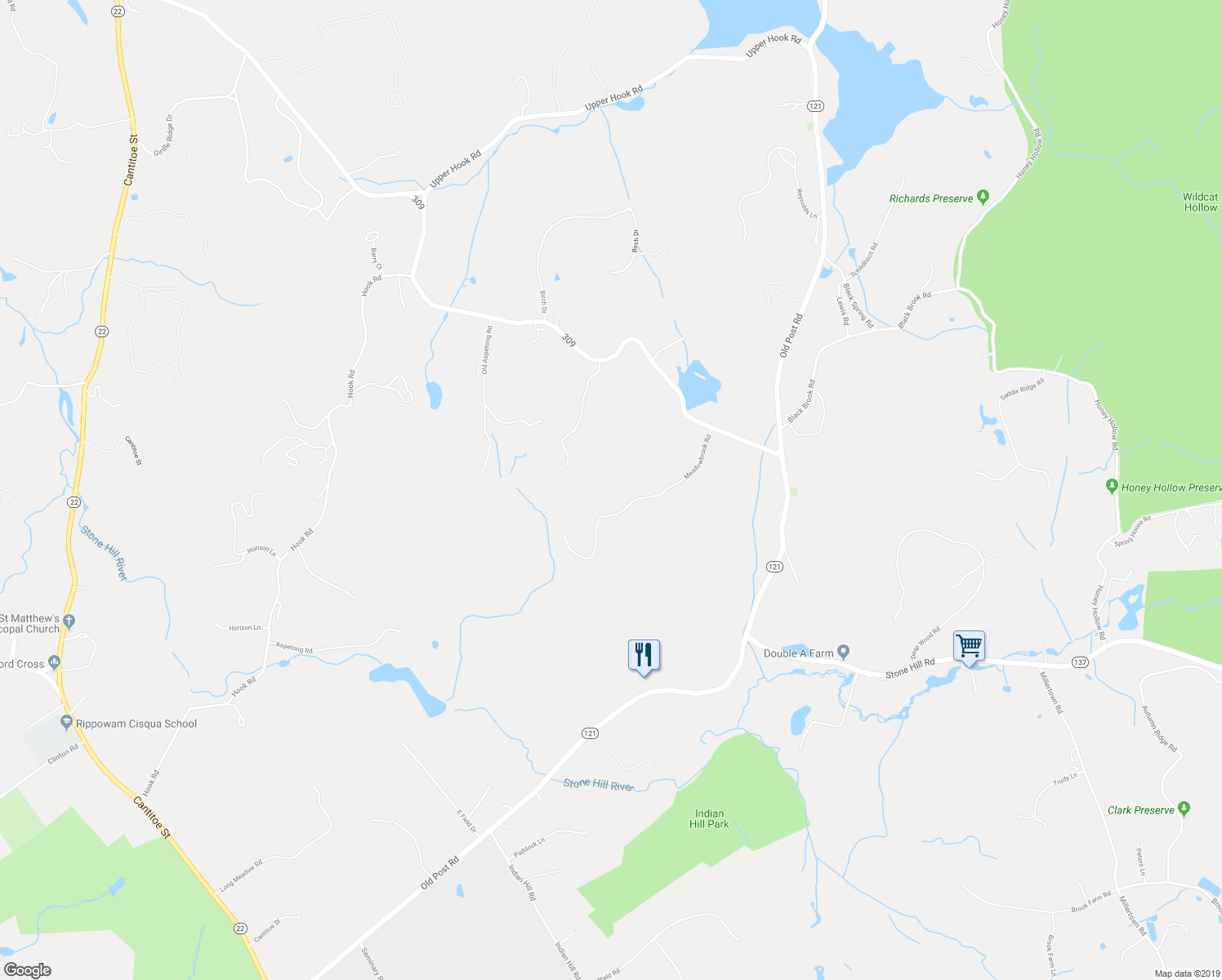 map of restaurants, bars, coffee shops, grocery stores, and more near 9 Meadowbrook Road in Katonah