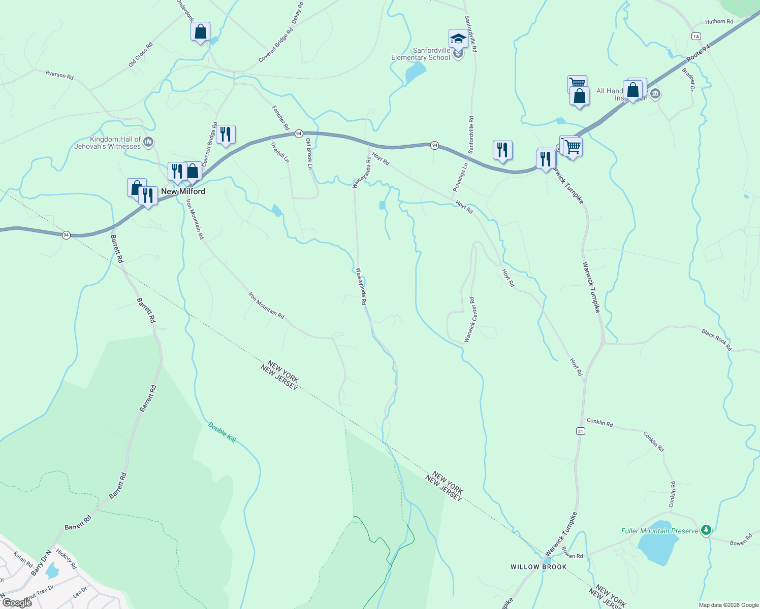 map of restaurants, bars, coffee shops, grocery stores, and more near 59 Wawayanda Road in Warwick