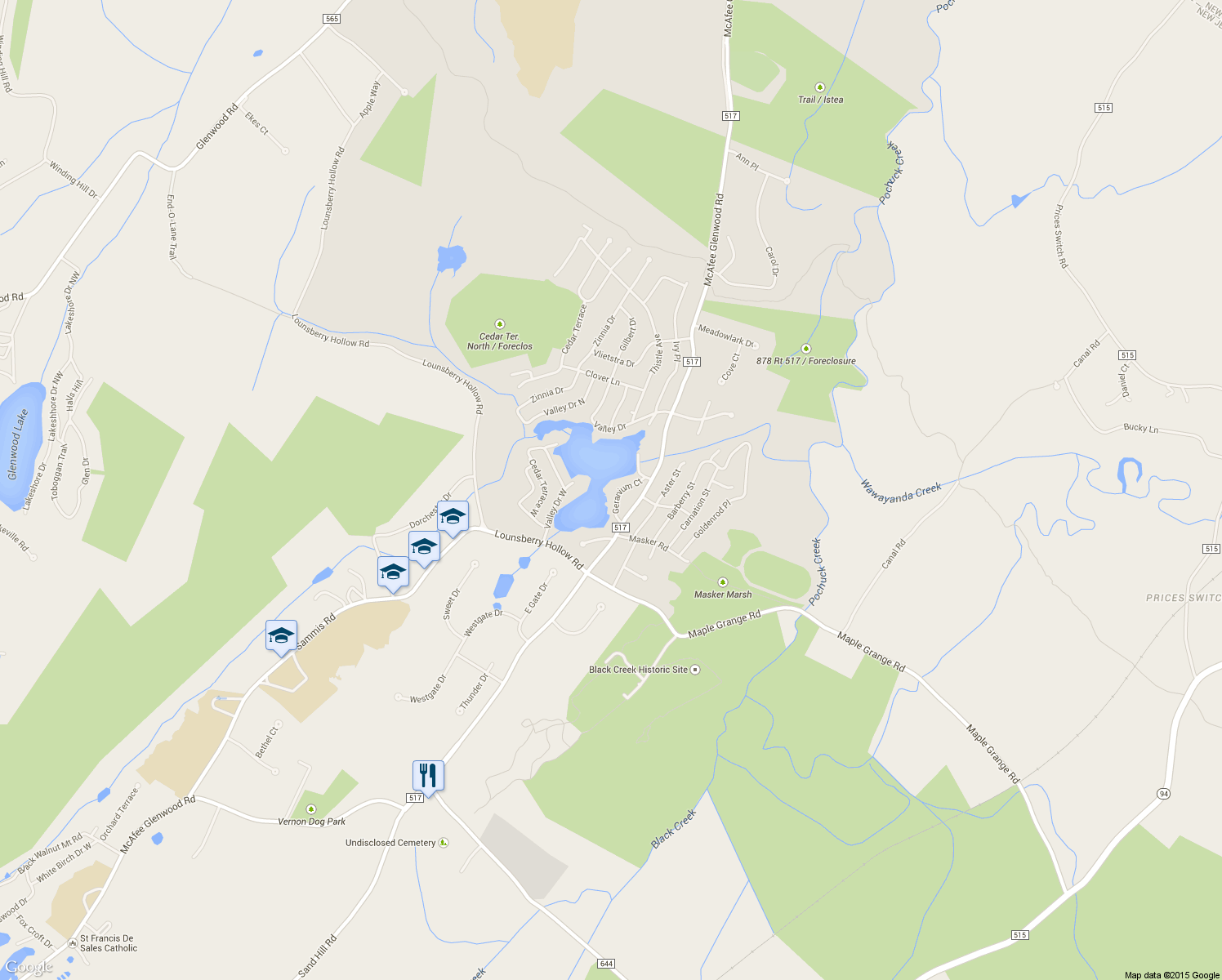 map of restaurants, bars, coffee shops, grocery stores, and more near 11 Geranium Court in Vernon Township