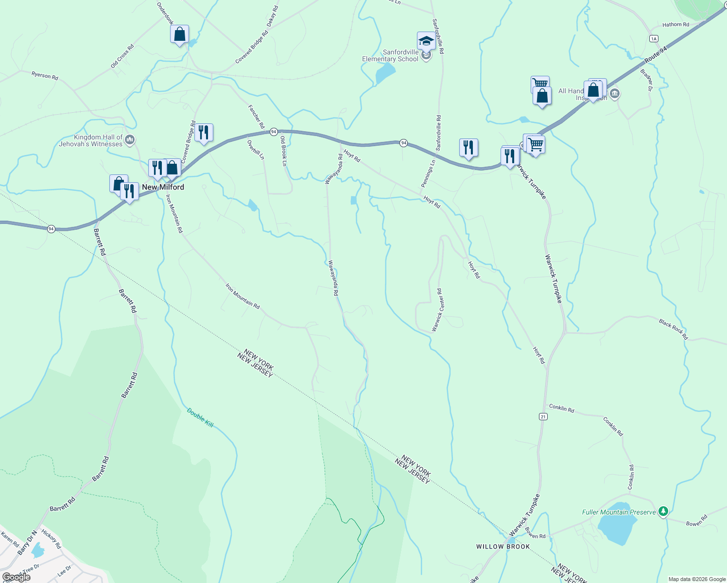 map of restaurants, bars, coffee shops, grocery stores, and more near 59 Wawayanda Road in Warwick
