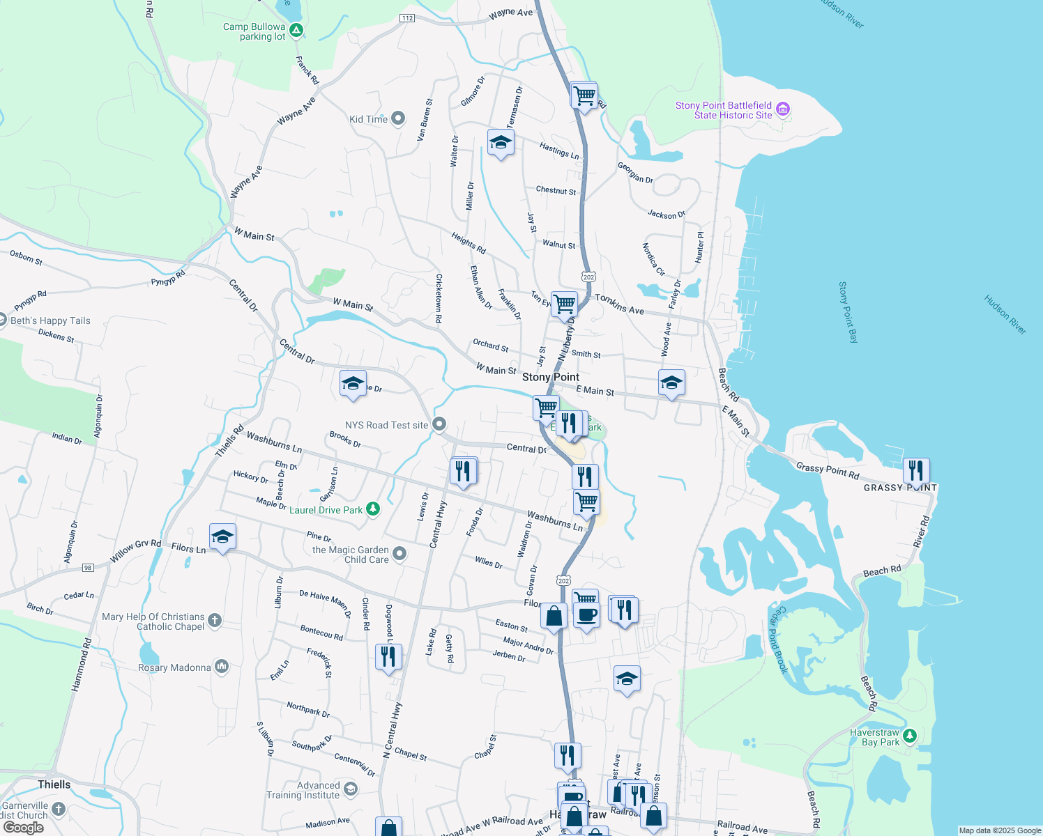 map of restaurants, bars, coffee shops, grocery stores, and more near 12 James Street in Stony Point