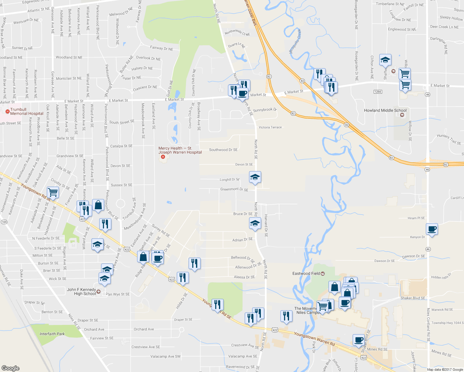 map of restaurants, bars, coffee shops, grocery stores, and more near 4045 Greenmont Drive Southeast in Warren