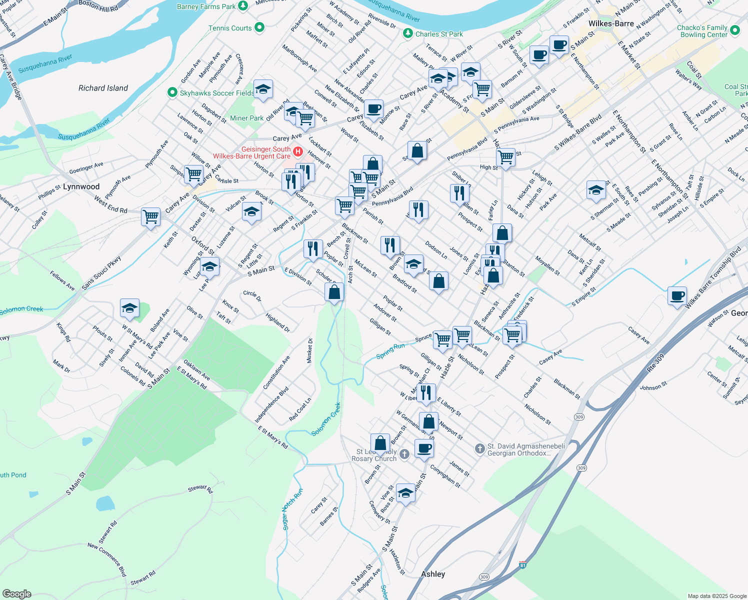 map of restaurants, bars, coffee shops, grocery stores, and more near 262 Brown Street in Wilkes-Barre
