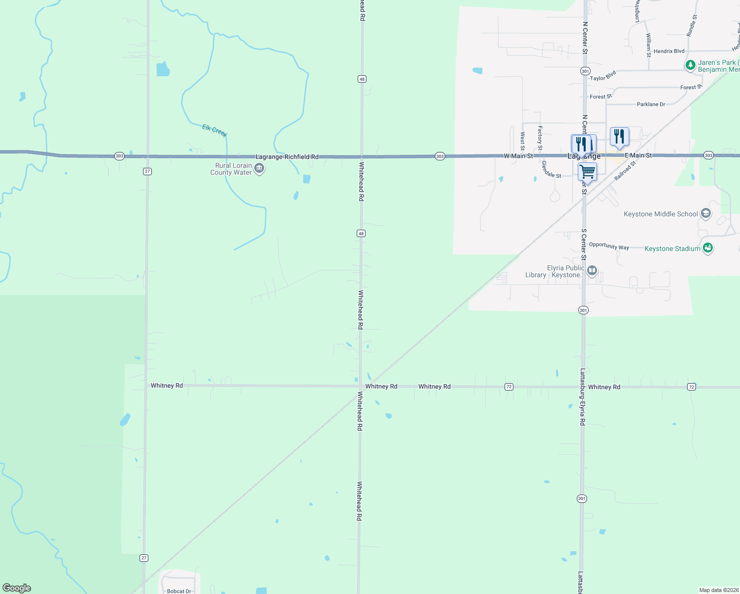 map of restaurants, bars, coffee shops, grocery stores, and more near 17523 Whitehead Road in LaGrange
