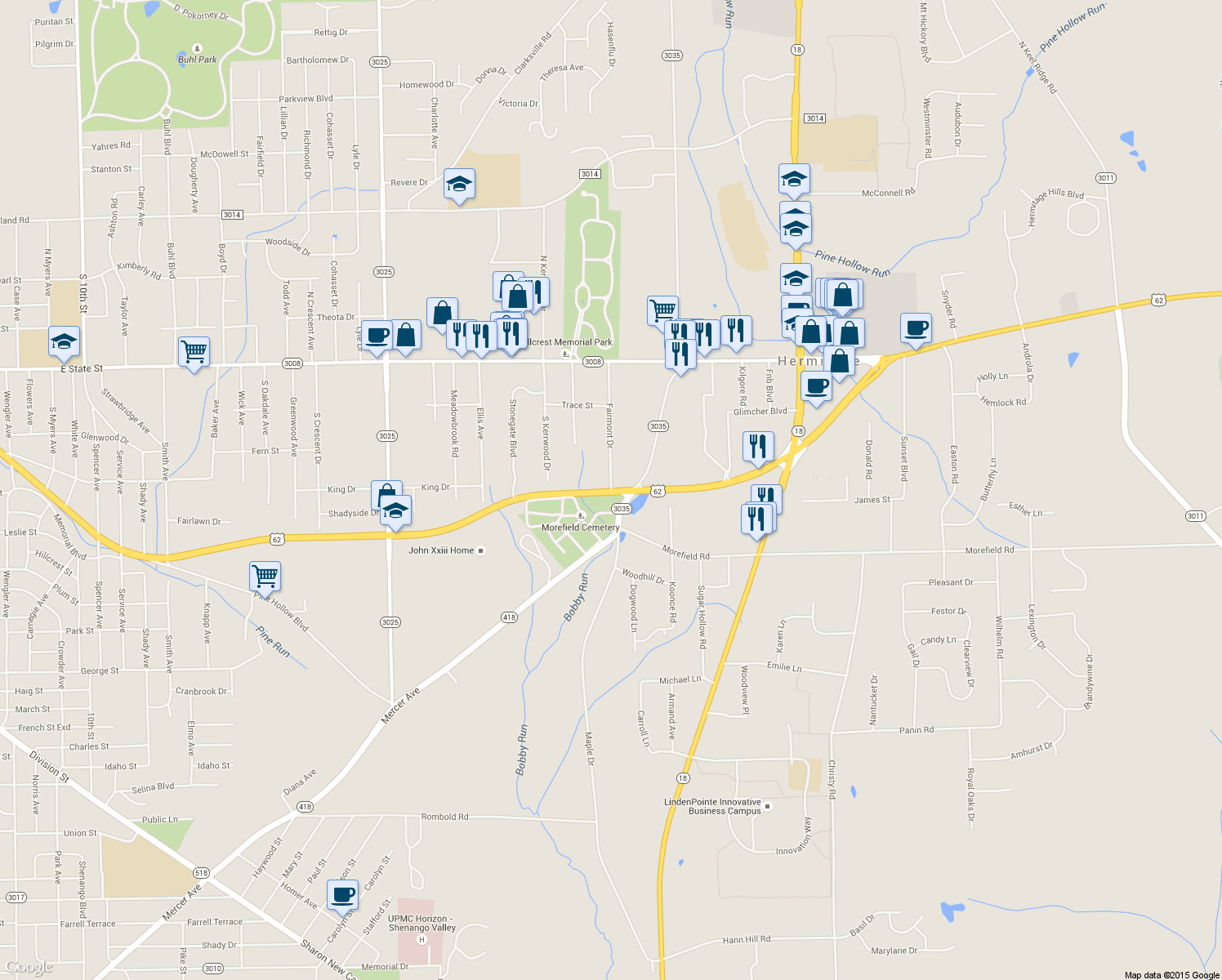 map of restaurants, bars, coffee shops, grocery stores, and more near 398 Fairmont Drive in Hermitage