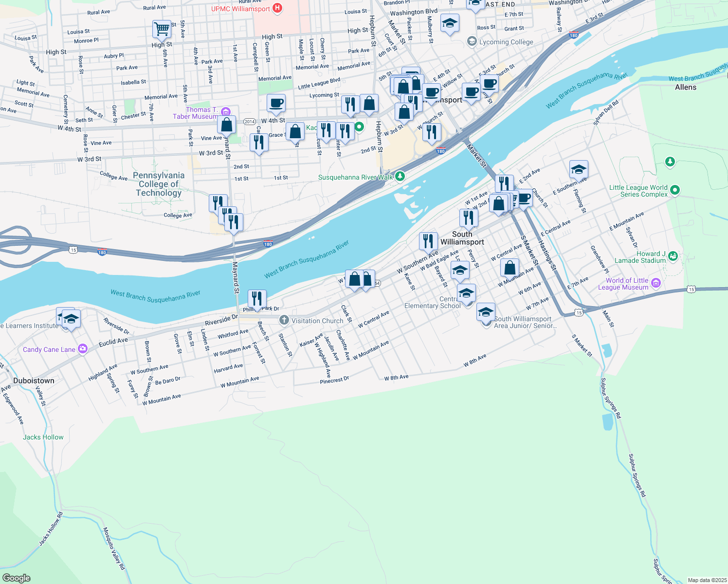 map of restaurants, bars, coffee shops, grocery stores, and more near 1320 West Southern Avenue in South Williamsport