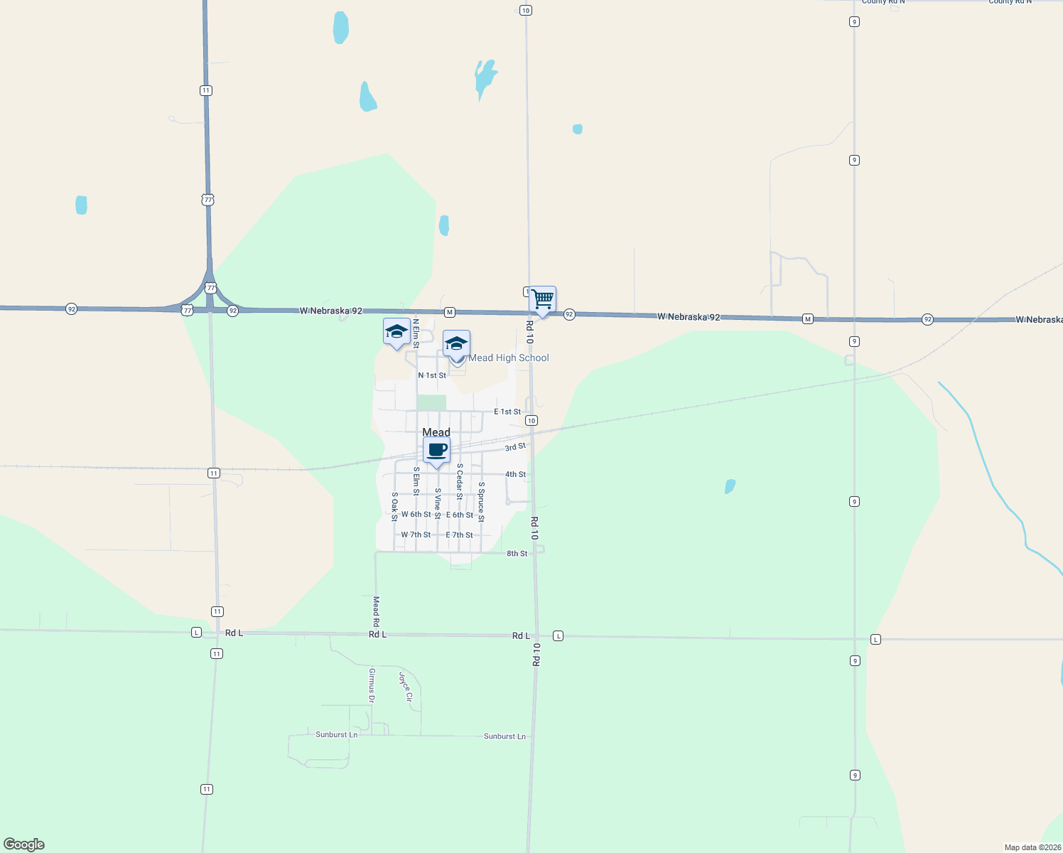 map of restaurants, bars, coffee shops, grocery stores, and more near 1567 County Road 10 in Mead