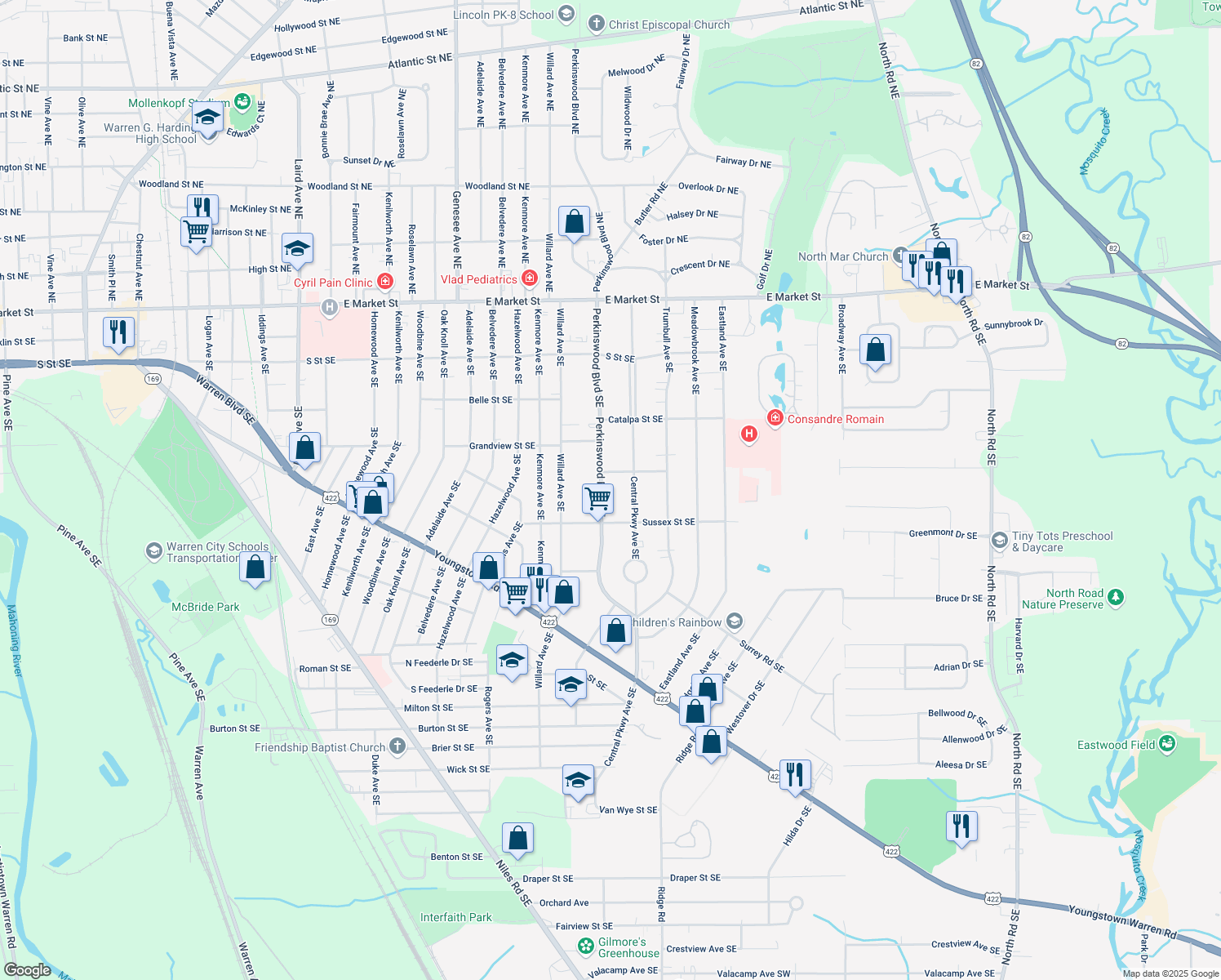 map of restaurants, bars, coffee shops, grocery stores, and more near 847 Perkinswood Boulevard Southeast in Warren