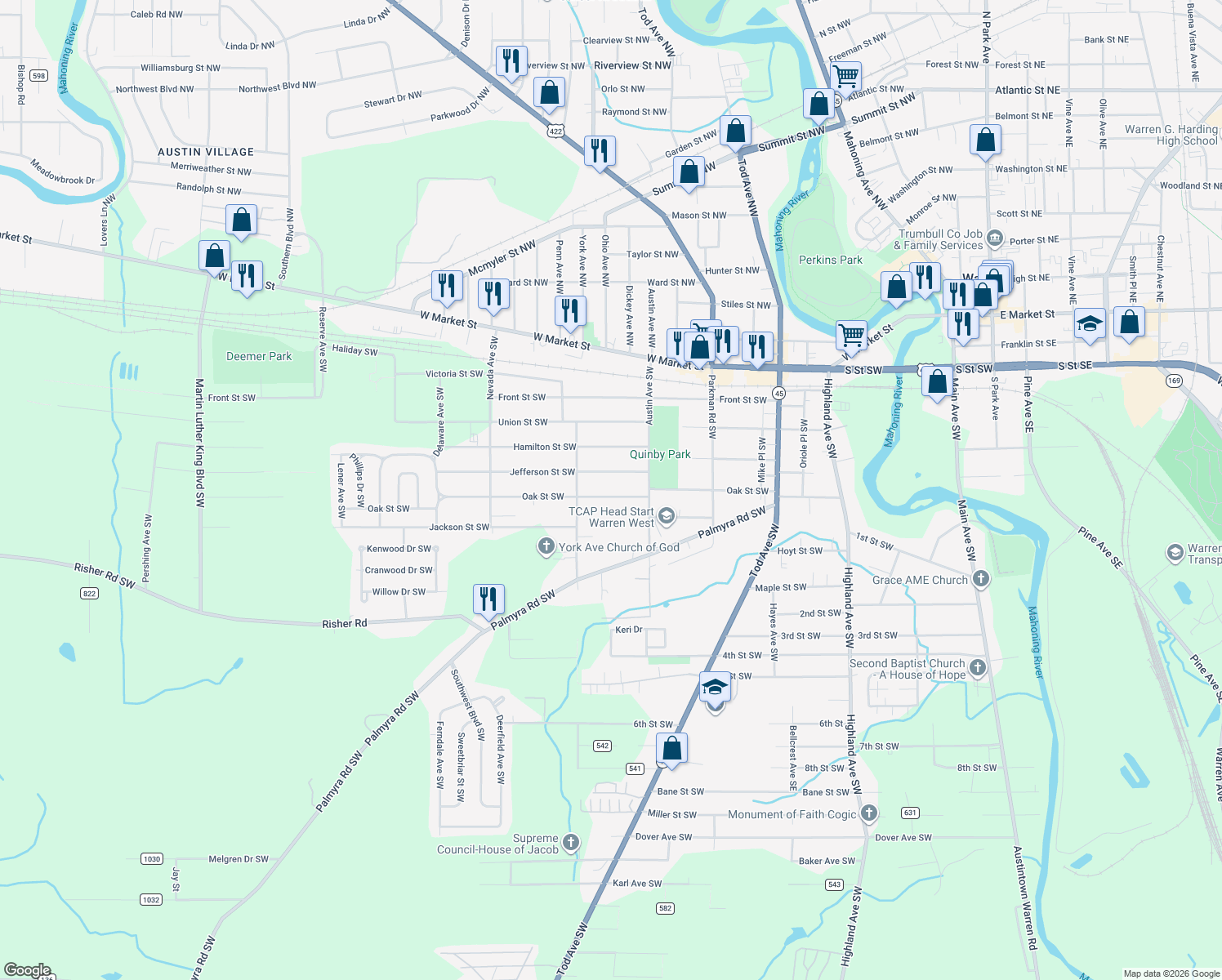 map of restaurants, bars, coffee shops, grocery stores, and more near 1402 Oak Street Southwest in Warren