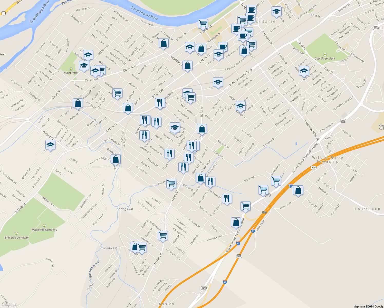 map of restaurants, bars, coffee shops, grocery stores, and more near 445 Hazle Street in Wilkes-Barre