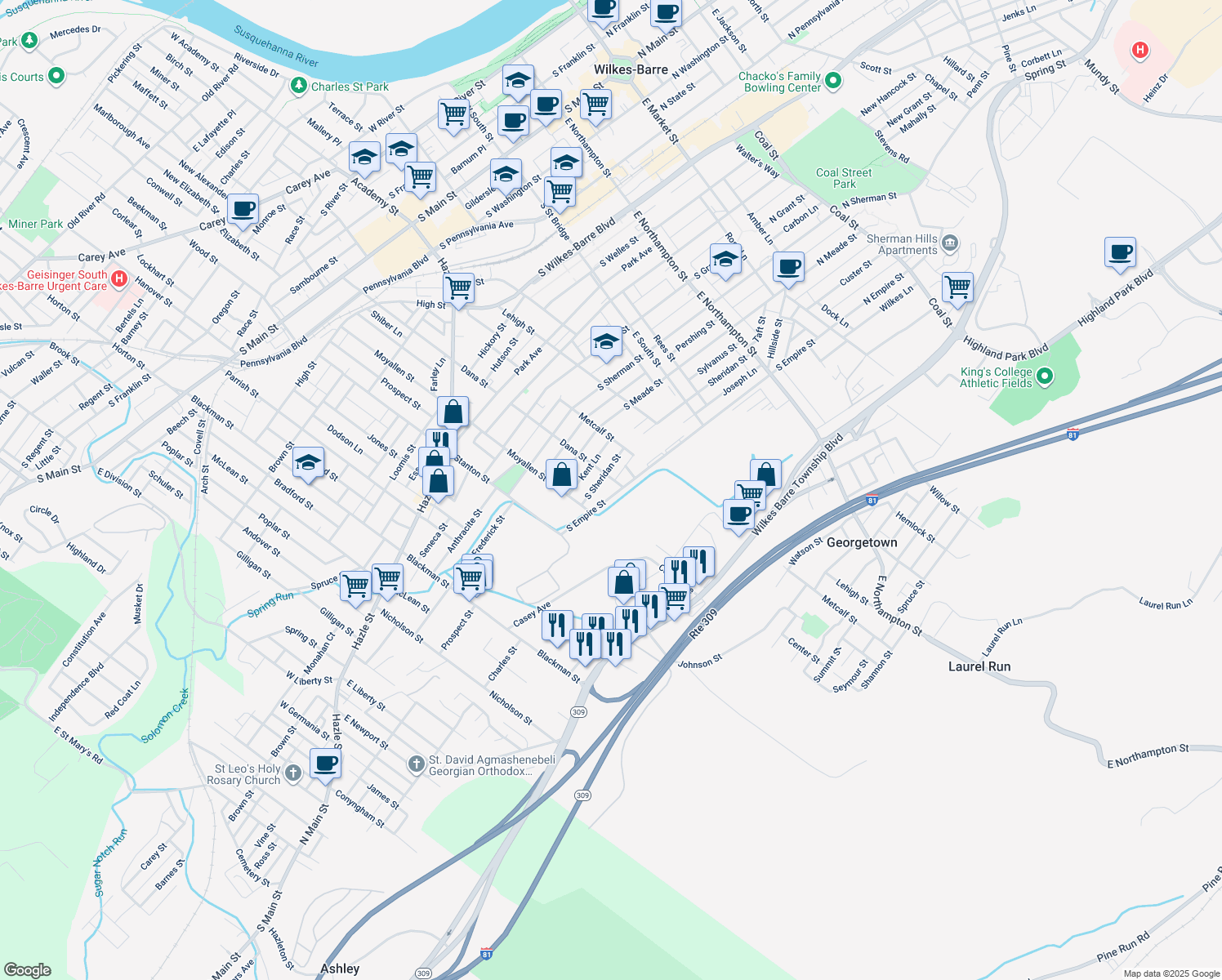 map of restaurants, bars, coffee shops, grocery stores, and more near 401 South Empire Street in Wilkes-Barre