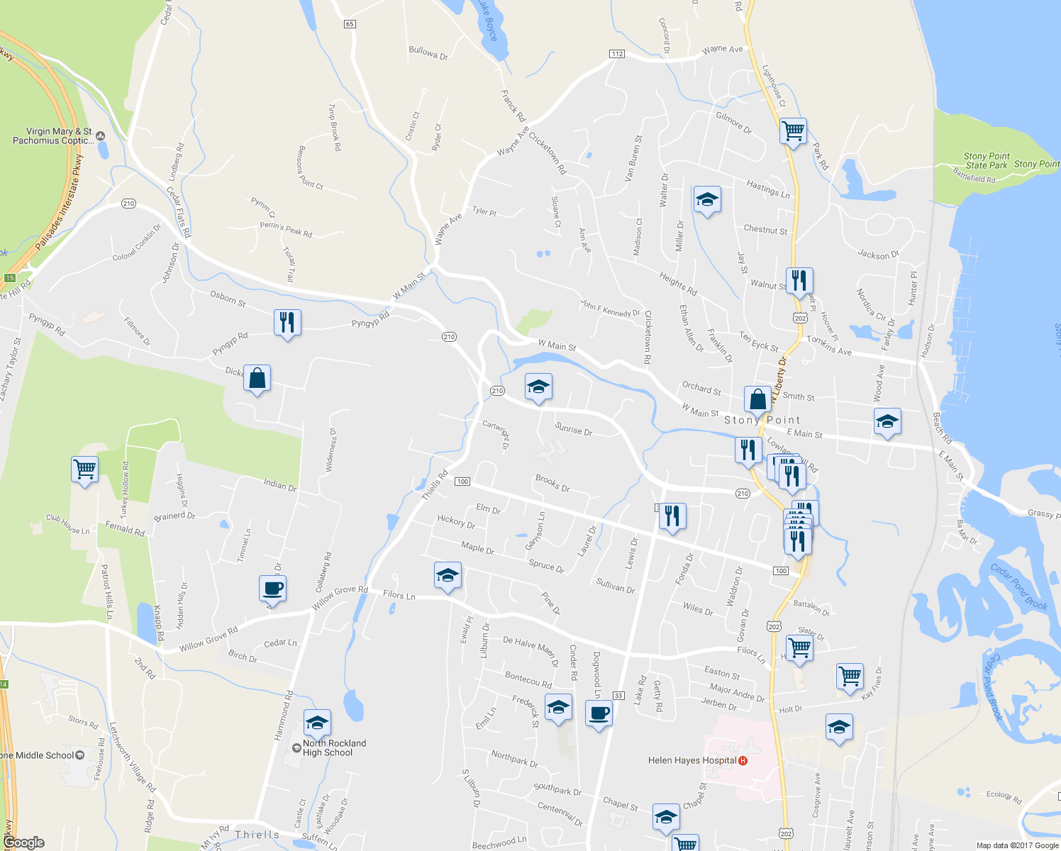 map of restaurants, bars, coffee shops, grocery stores, and more near 144 New York 210 in Stony Point