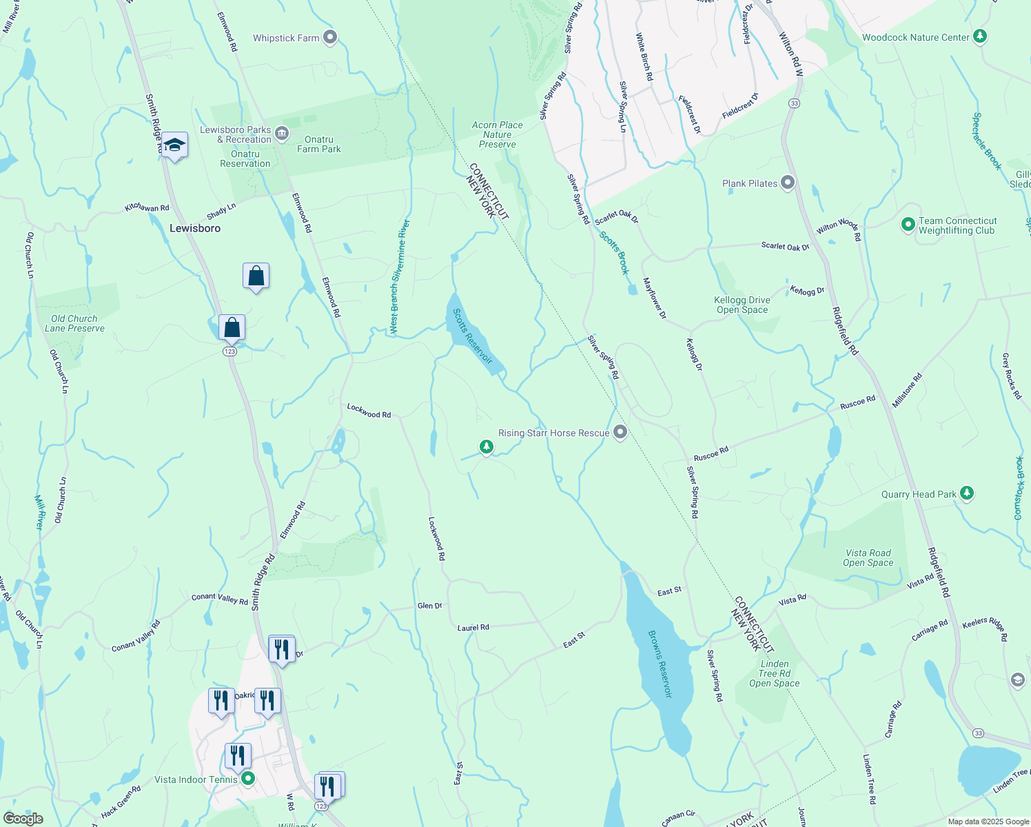 map of restaurants, bars, coffee shops, grocery stores, and more near 25 Wakeman Road in South Salem