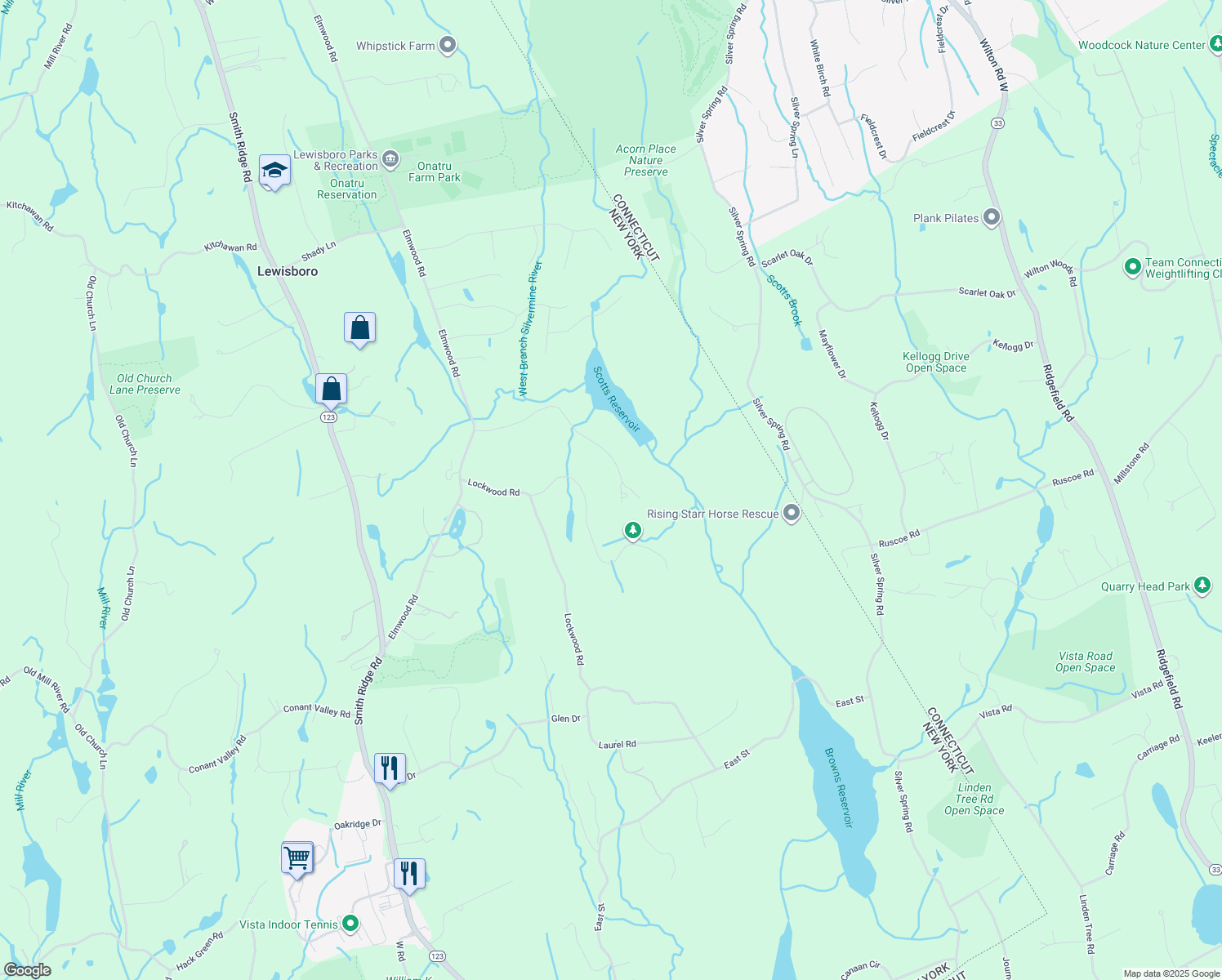 map of restaurants, bars, coffee shops, grocery stores, and more near 22 Wakeman Road in South Salem